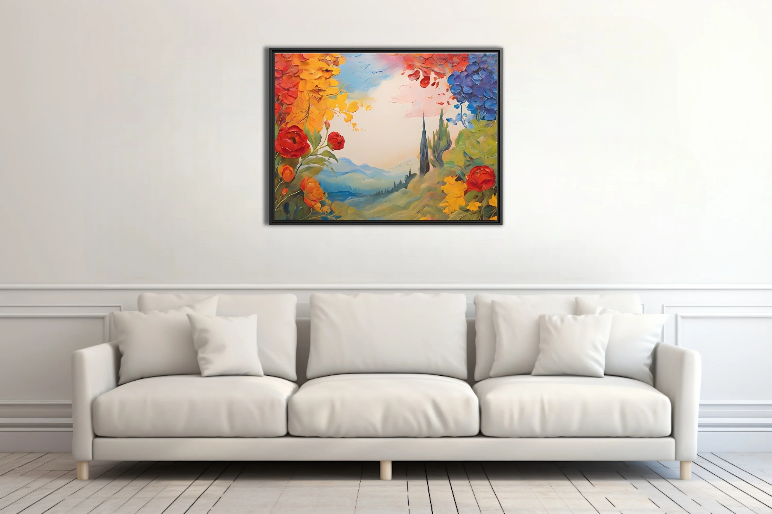 Vivid floral landscape with cypress and hills in red, gold, and cobalt