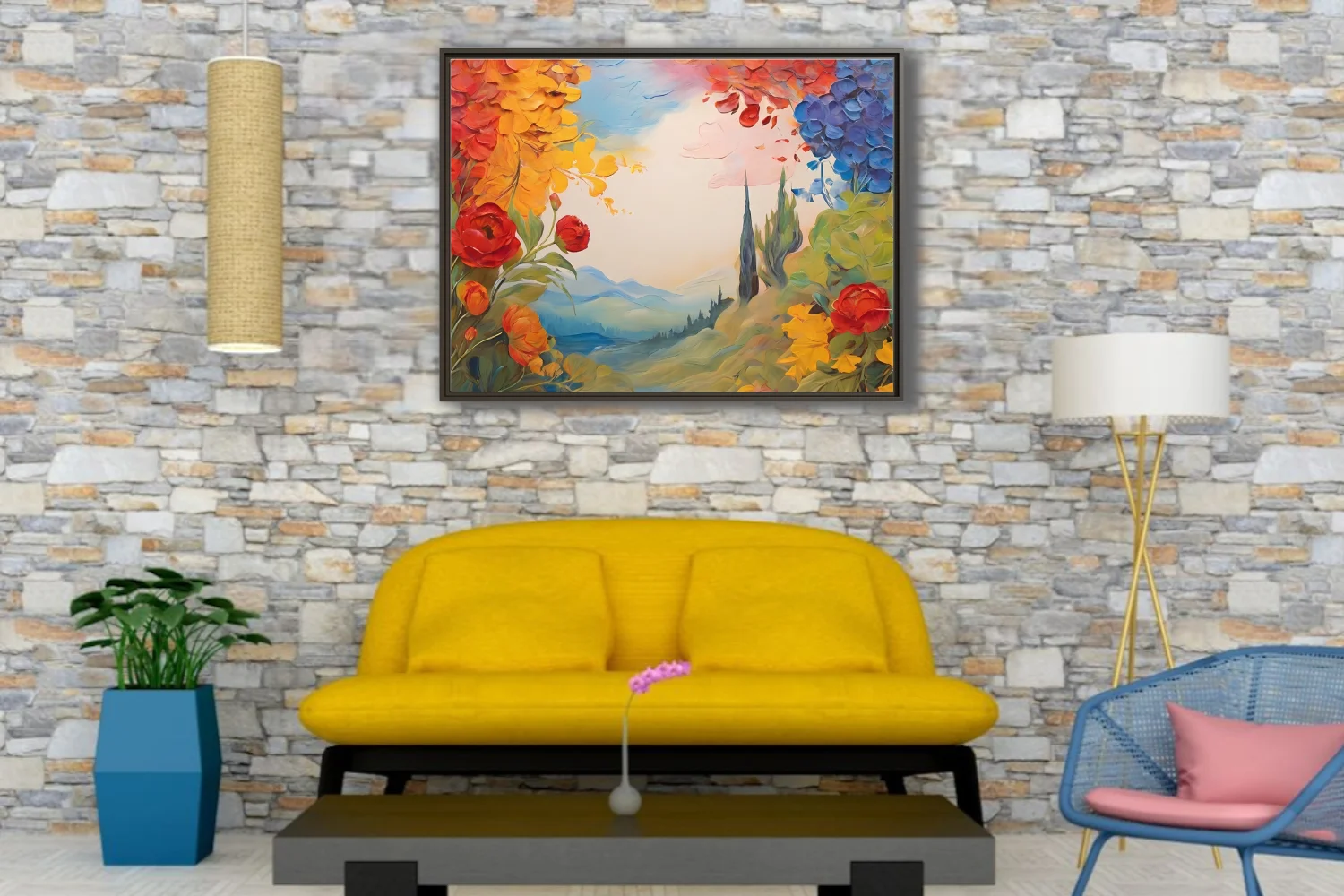 Vivid floral landscape with cypress and hills in red, gold, and cobalt