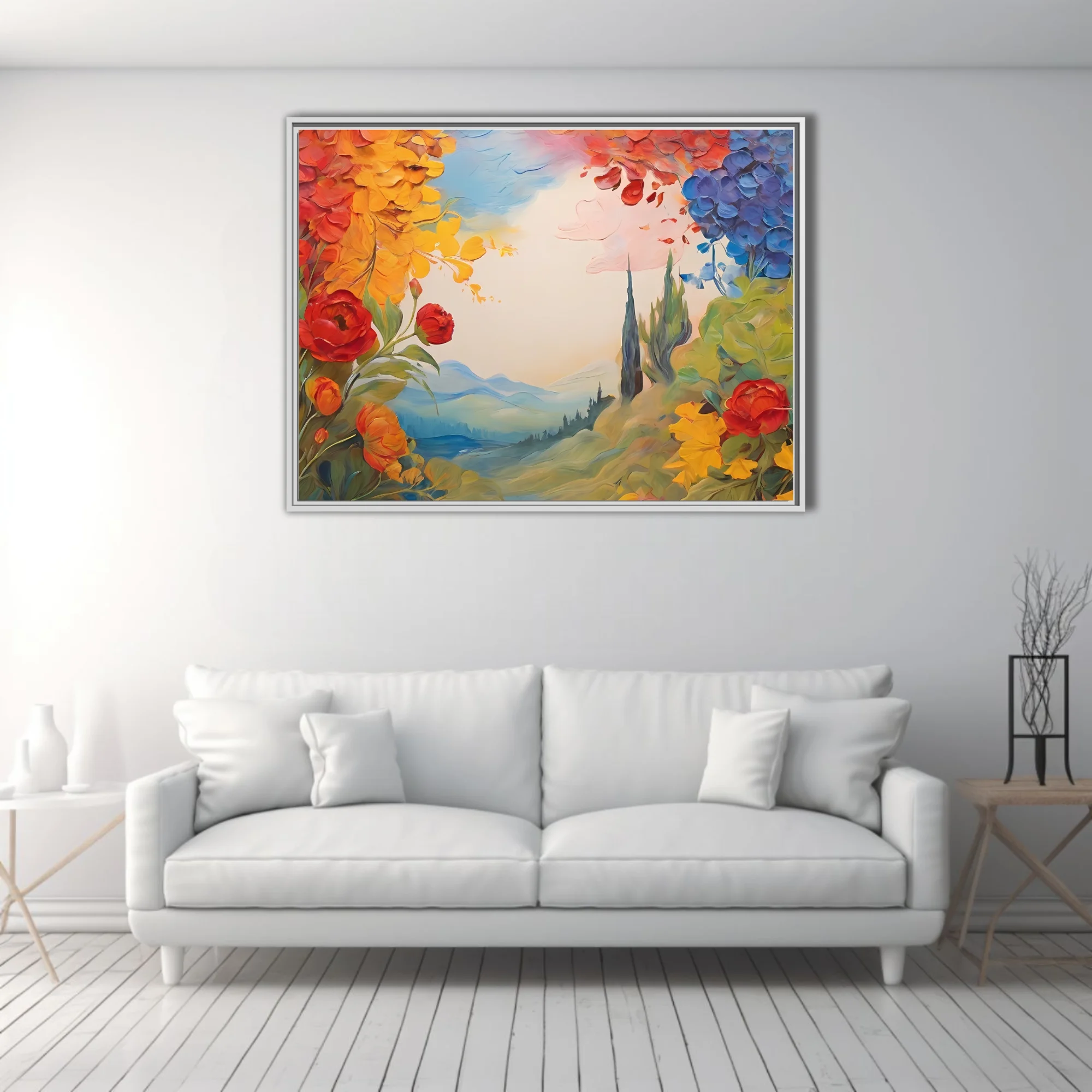 Vivid floral landscape with cypress and hills in red, gold, and cobalt