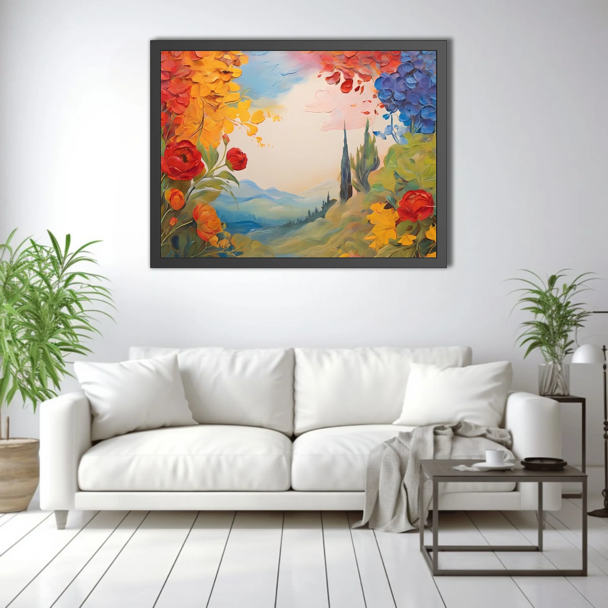 Vivid floral landscape with cypress and hills in red, gold, and cobalt