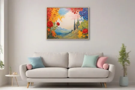 Vivid floral landscape with cypress and hills in red, gold, and cobalt