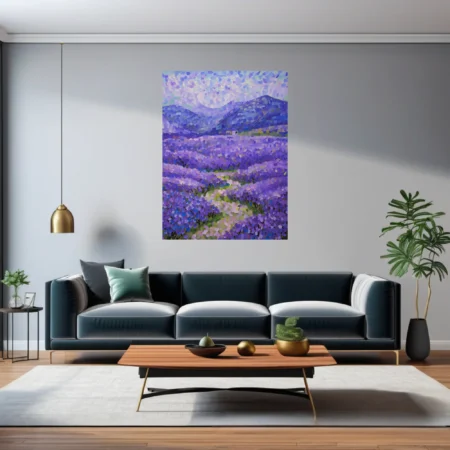 Stippled lavender field landscape with mountains and farmhouse in violet, blue, and green dabs