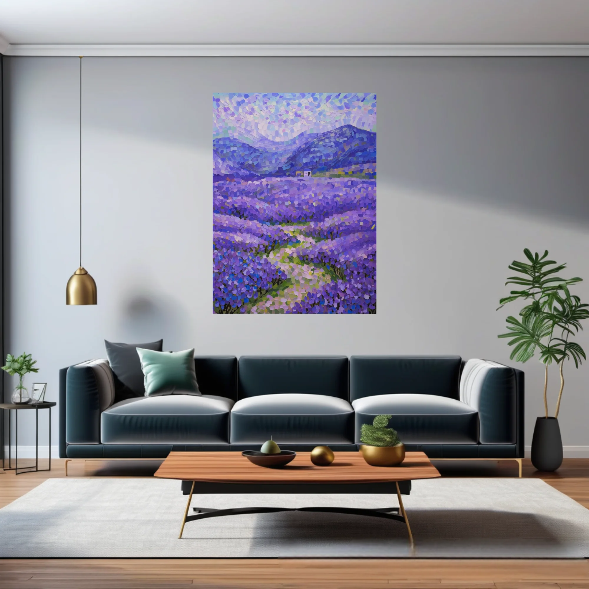 Stippled lavender field landscape with mountains and farmhouse in violet, blue, and green dabs