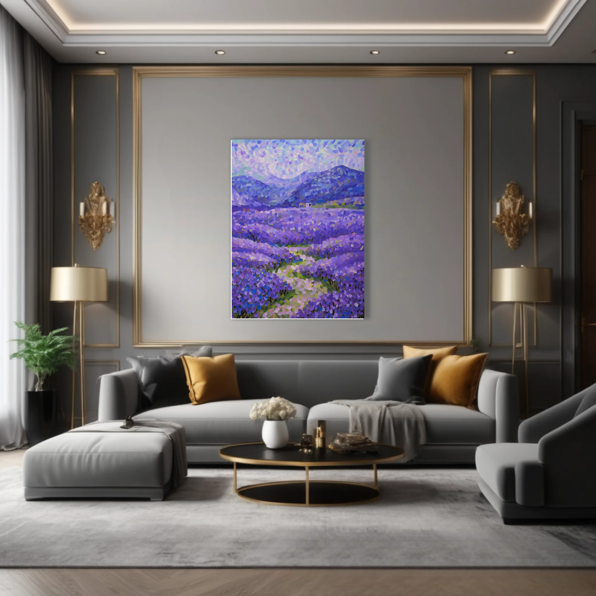Stippled lavender field landscape with mountains and farmhouse in violet, blue, and green dabs