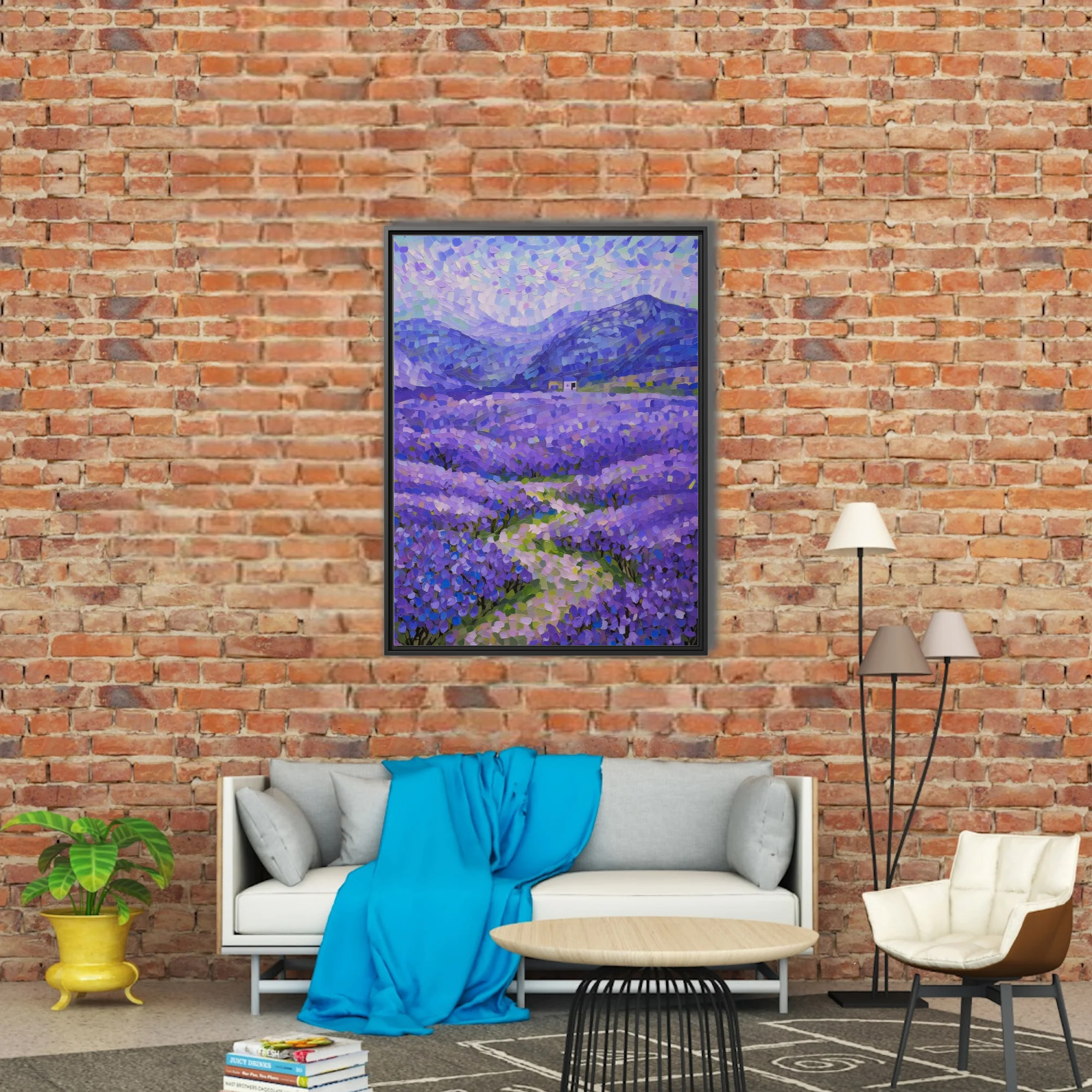 Stippled lavender field landscape with mountains and farmhouse in violet, blue, and green dabs