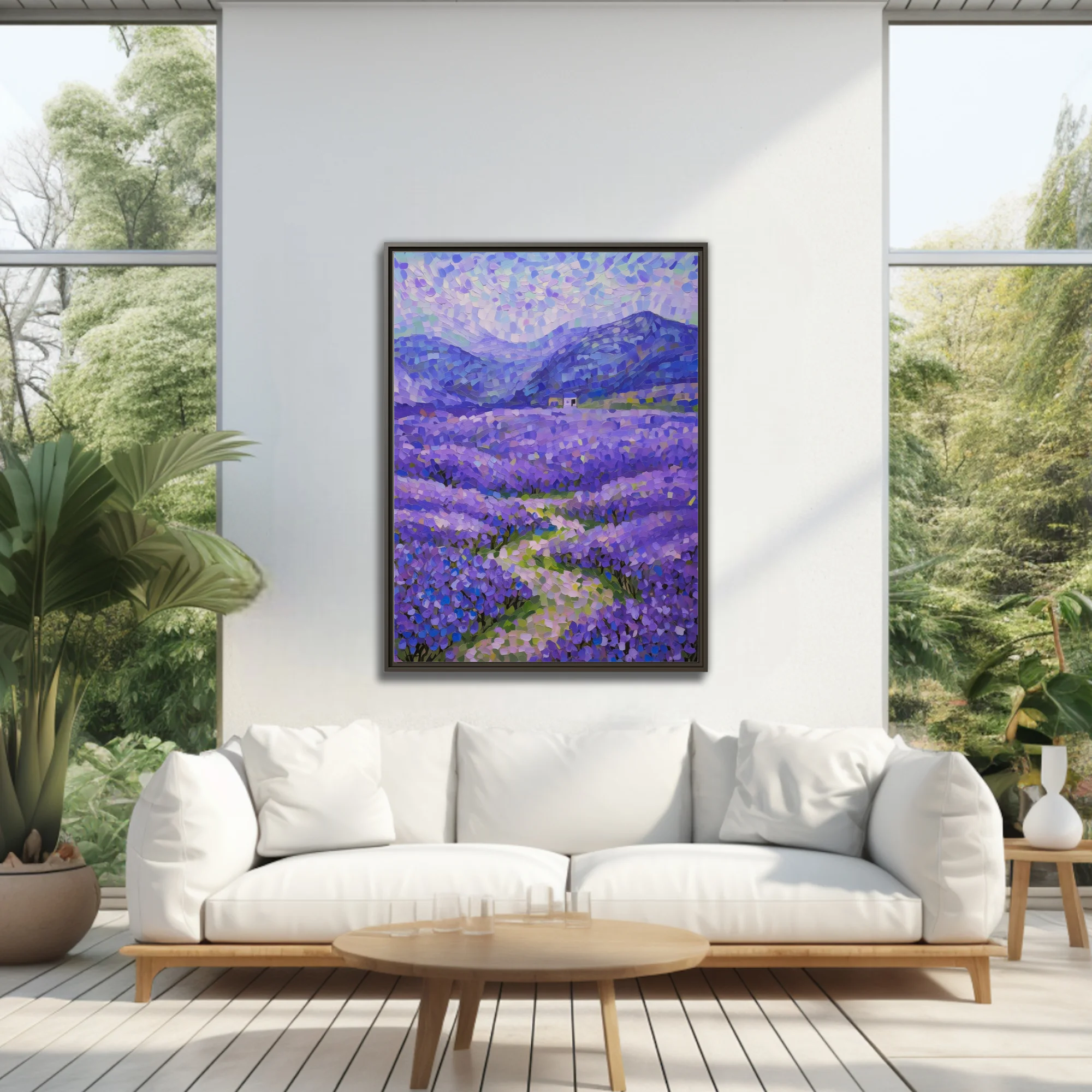 Stippled lavender field landscape with mountains and farmhouse in violet, blue, and green dabs