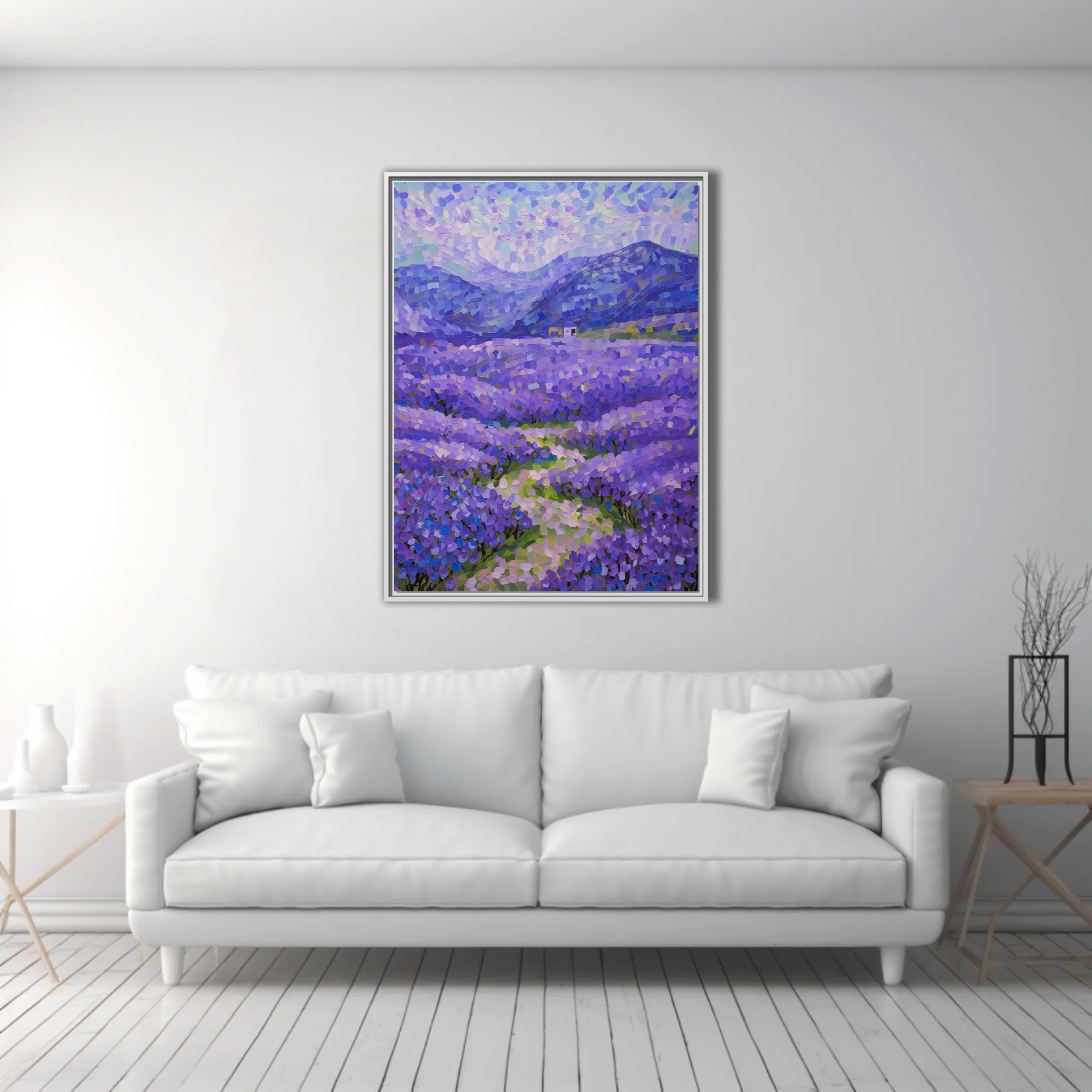 Stippled lavender field landscape with mountains and farmhouse in violet, blue, and green dabs