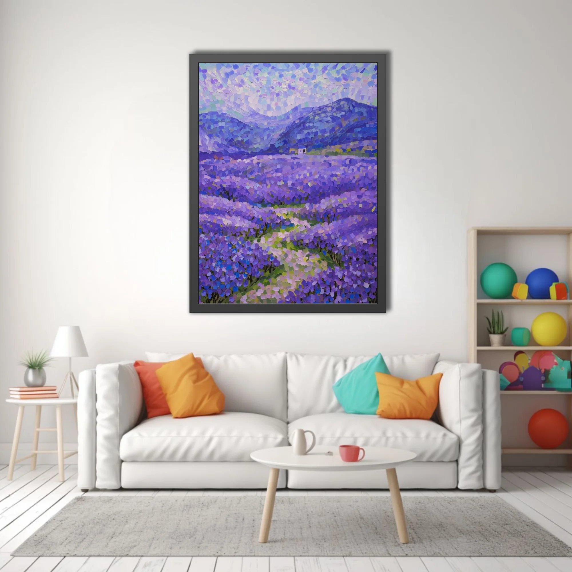 Stippled lavender field landscape with mountains and farmhouse in violet, blue, and green dabs