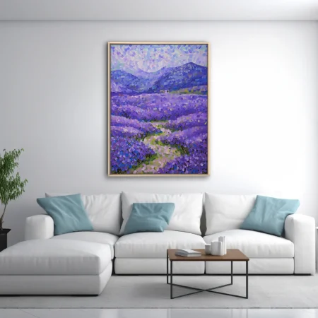 Stippled lavender field landscape with mountains and farmhouse in violet, blue, and green dabs