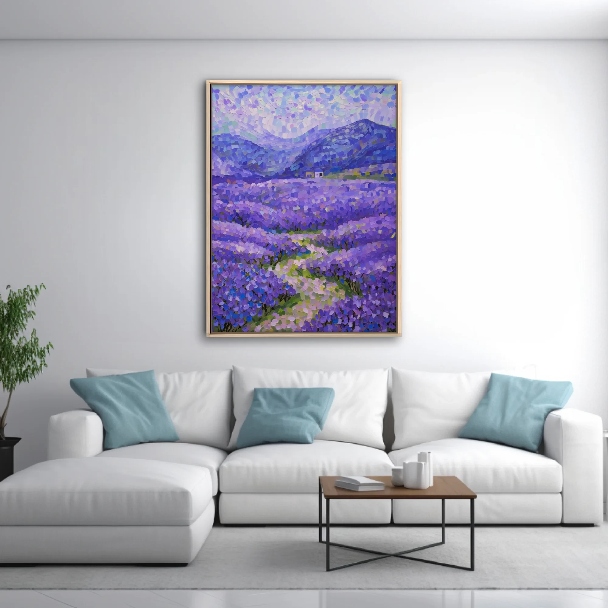 Stippled lavender field landscape with mountains and farmhouse in violet, blue, and green dabs