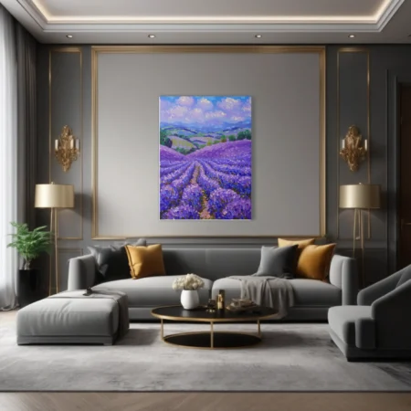 Soft painterly lavender field landscape in violet and blue with rolling hills and cloud-filled sky