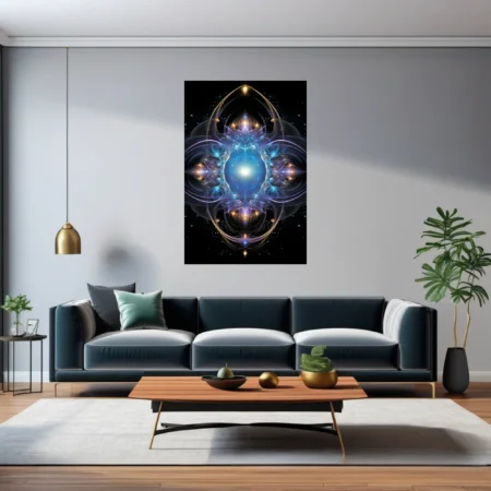 Fractal mandala art with glowing blue core, violet and gold celestial details on black