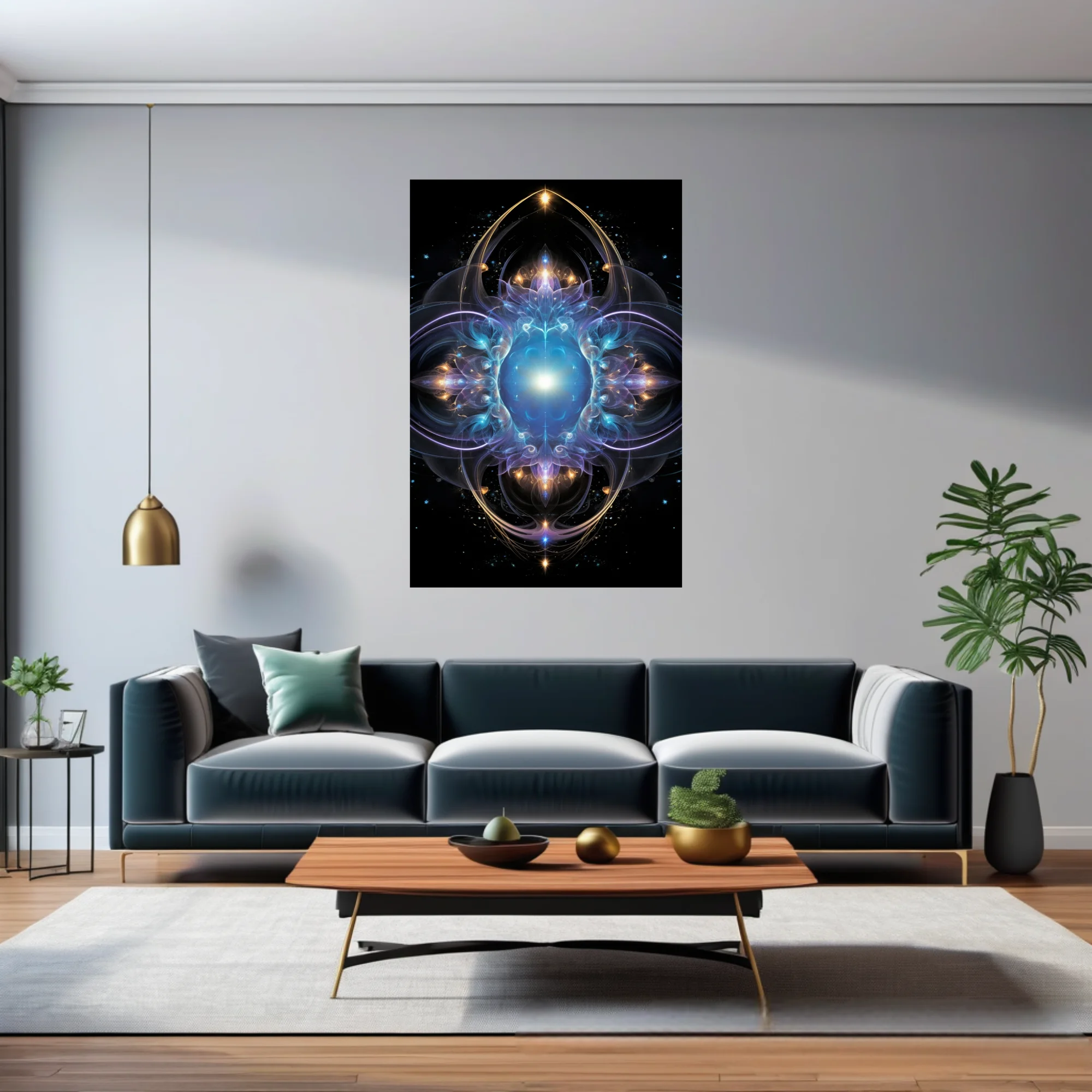 Fractal mandala art with glowing blue core, violet and gold celestial details on black