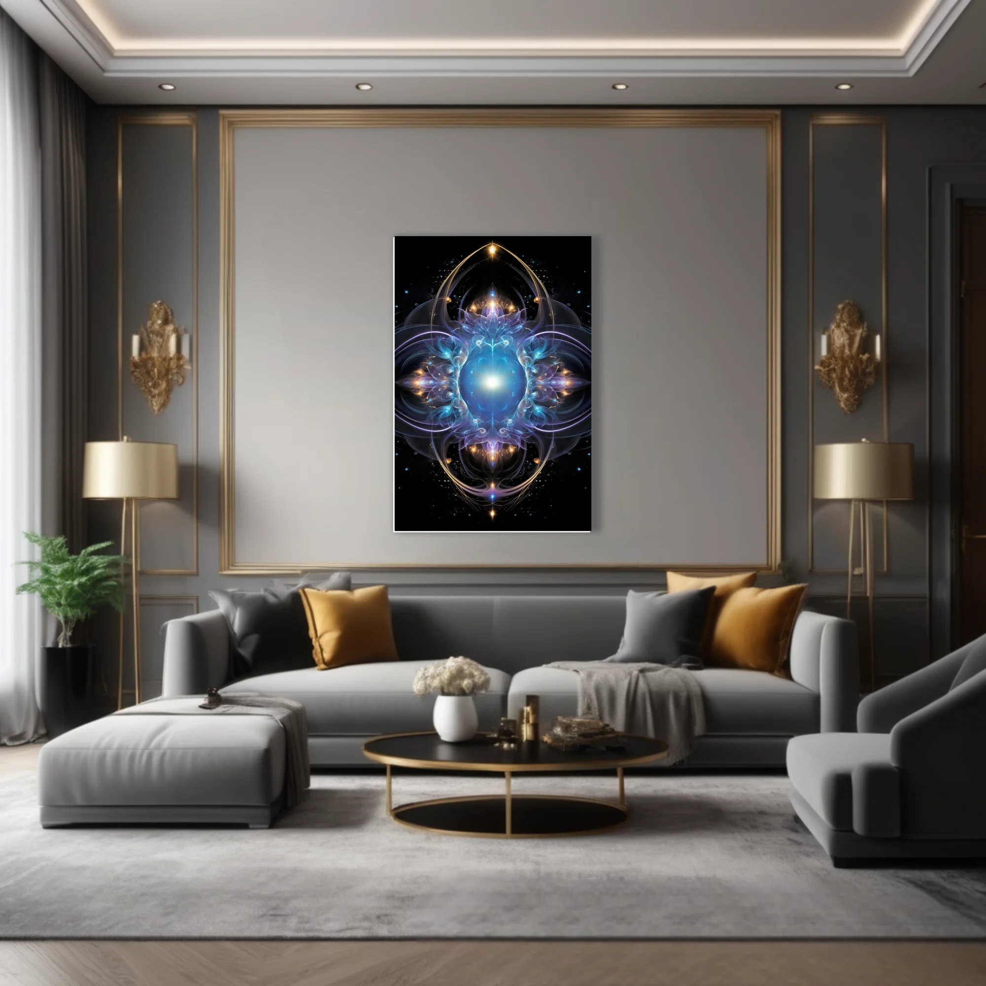 Fractal mandala art with glowing blue core, violet and gold celestial details on black