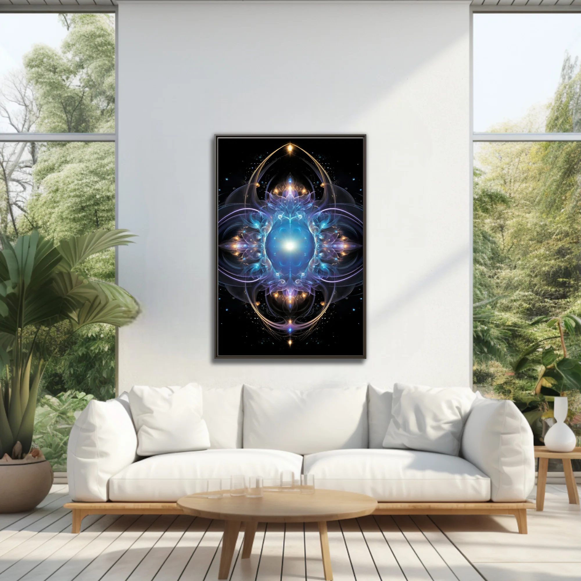 Fractal mandala art with glowing blue core, violet and gold celestial details on black