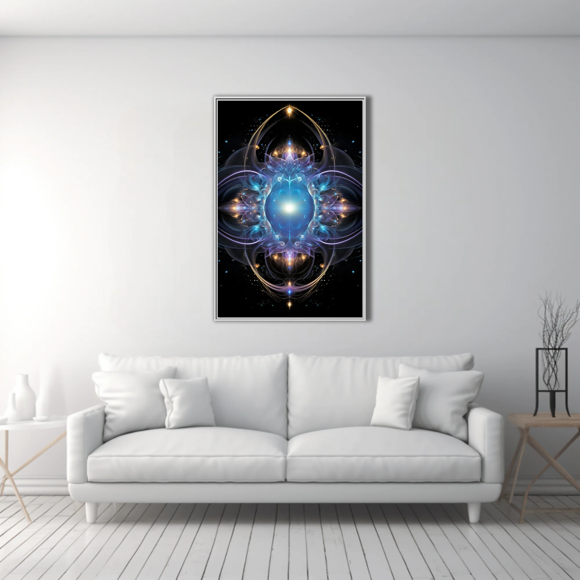 Fractal mandala art with glowing blue core, violet and gold celestial details on black