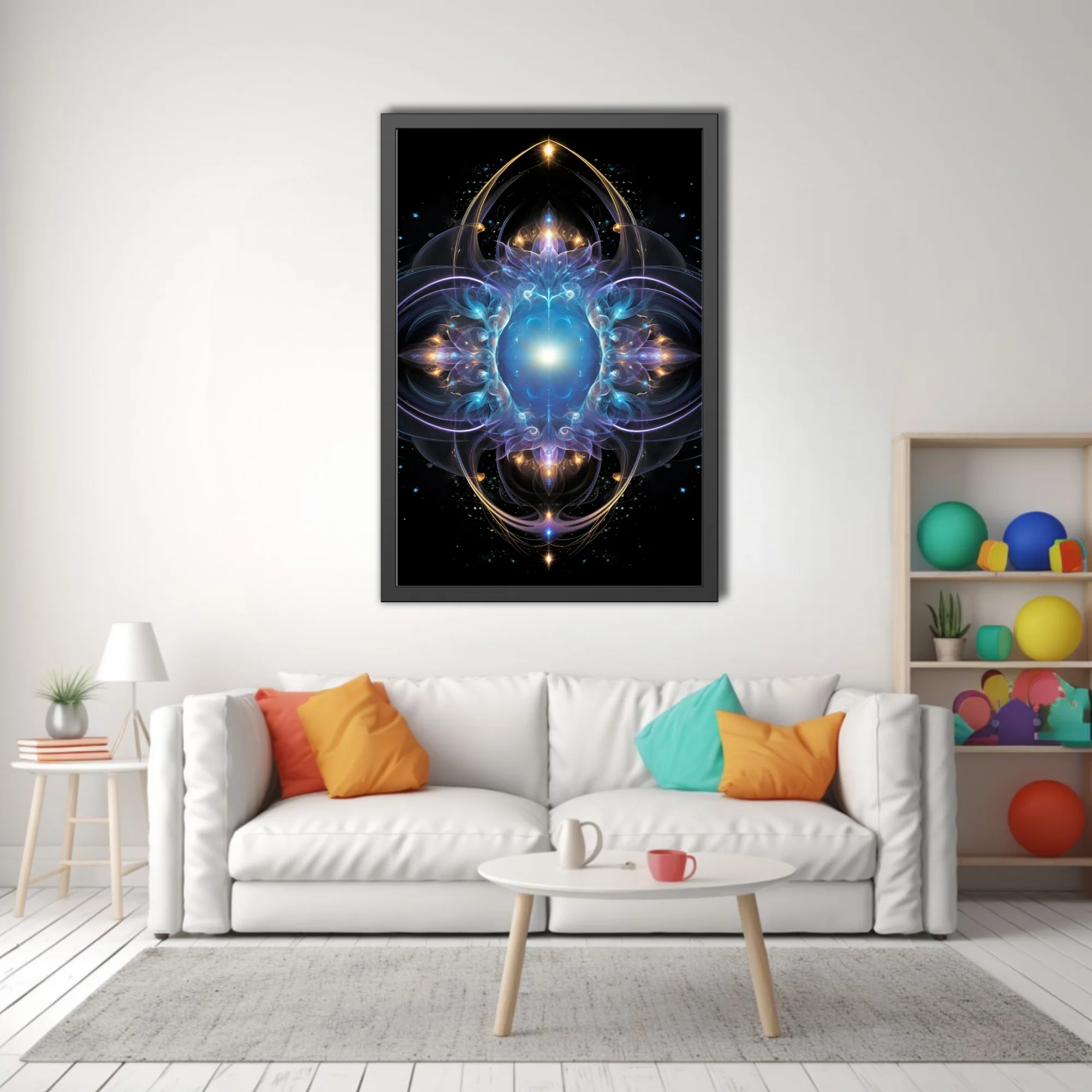 Fractal mandala art with glowing blue core, violet and gold celestial details on black