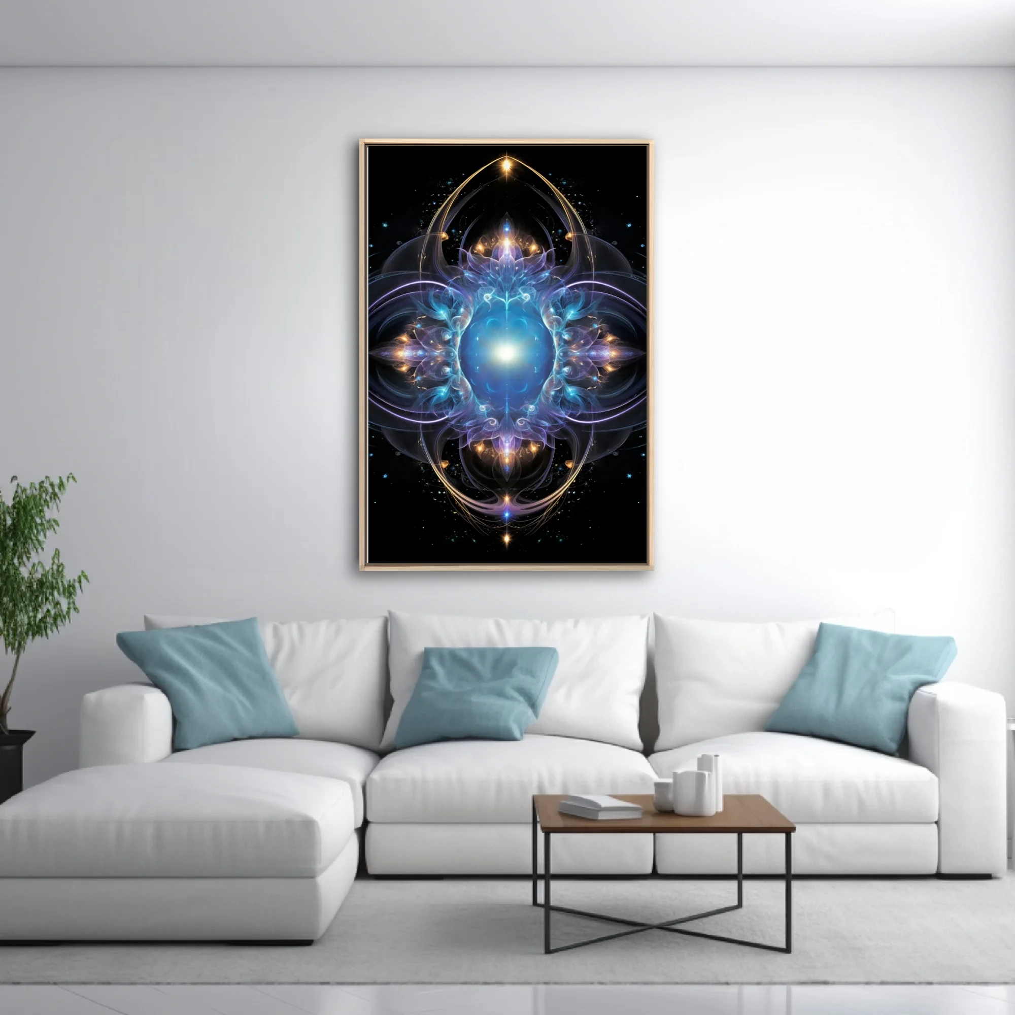 Fractal mandala art with glowing blue core, violet and gold celestial details on black