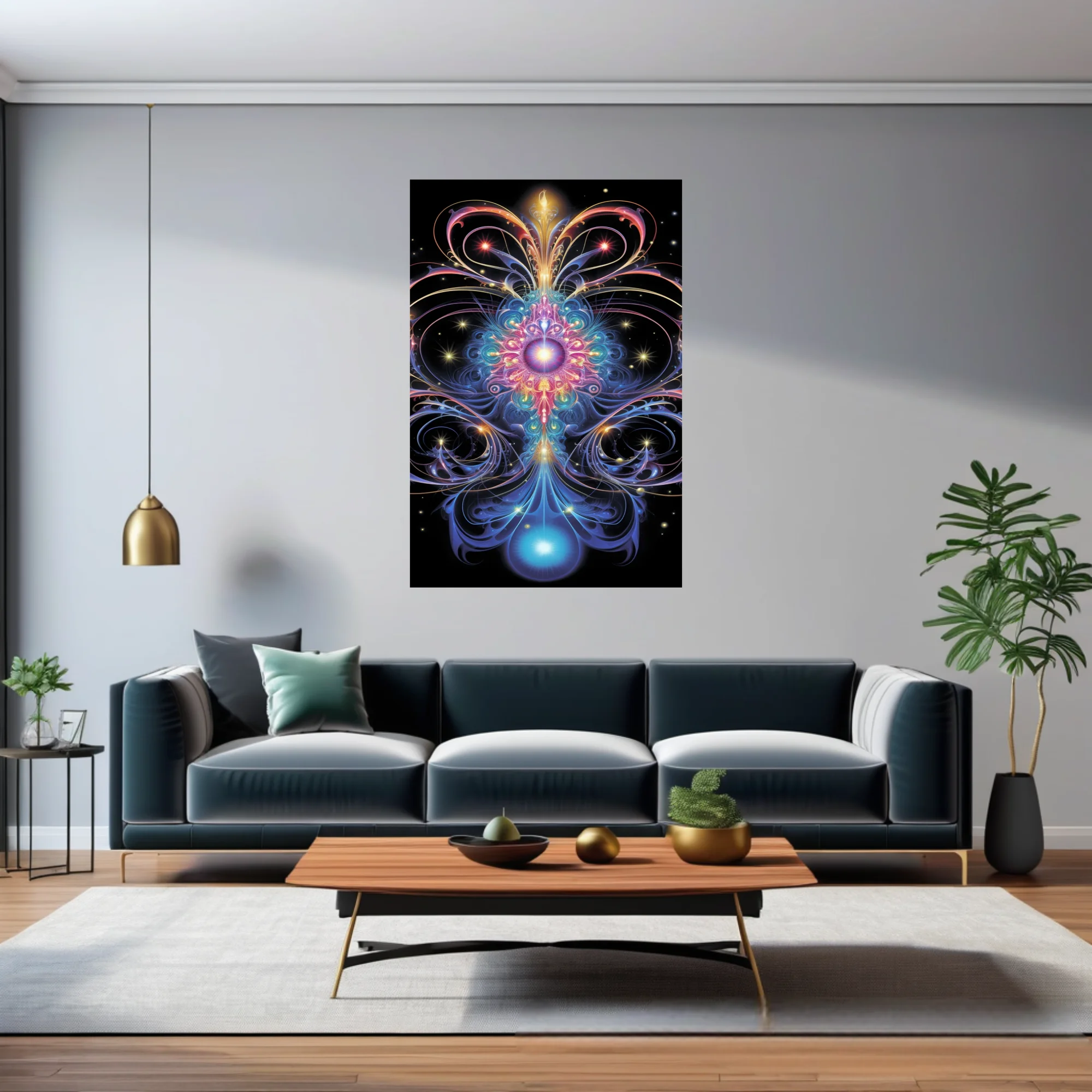Psychedelic fractal art with jewel-toned symmetrical patterns on black background