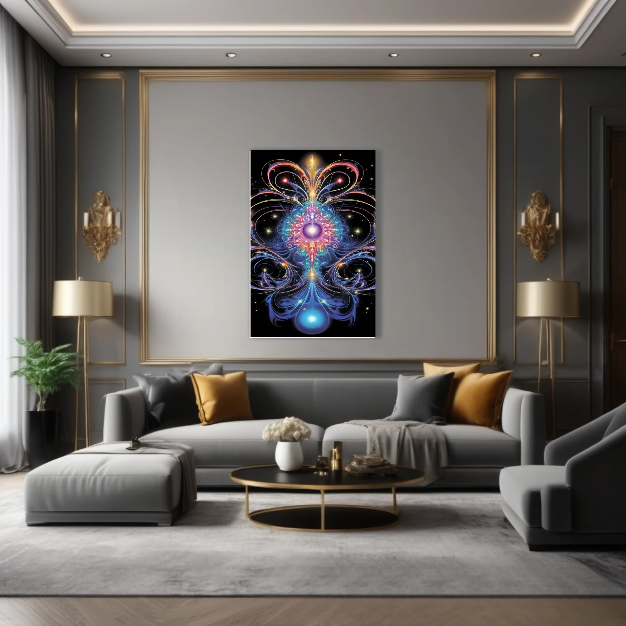 Psychedelic fractal art with jewel-toned symmetrical patterns on black background