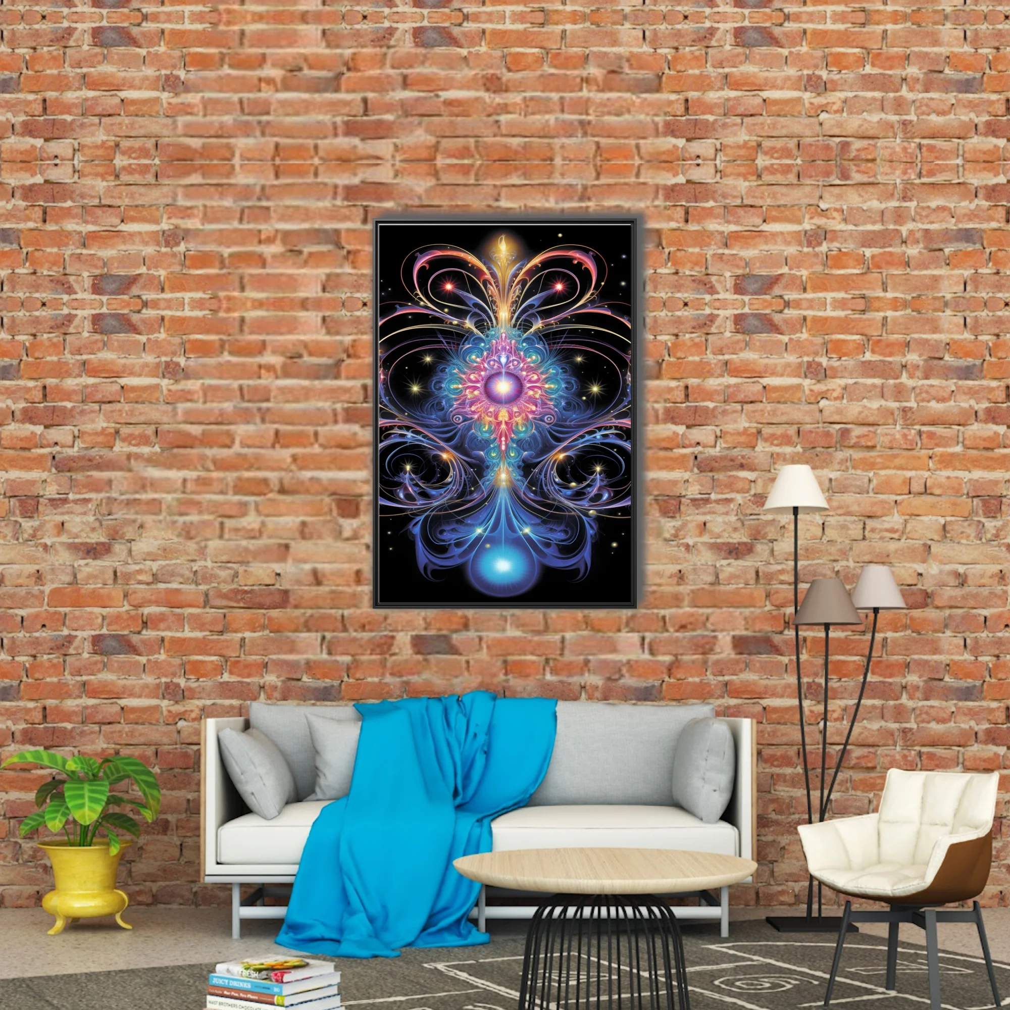 Psychedelic fractal art with jewel-toned symmetrical patterns on black background