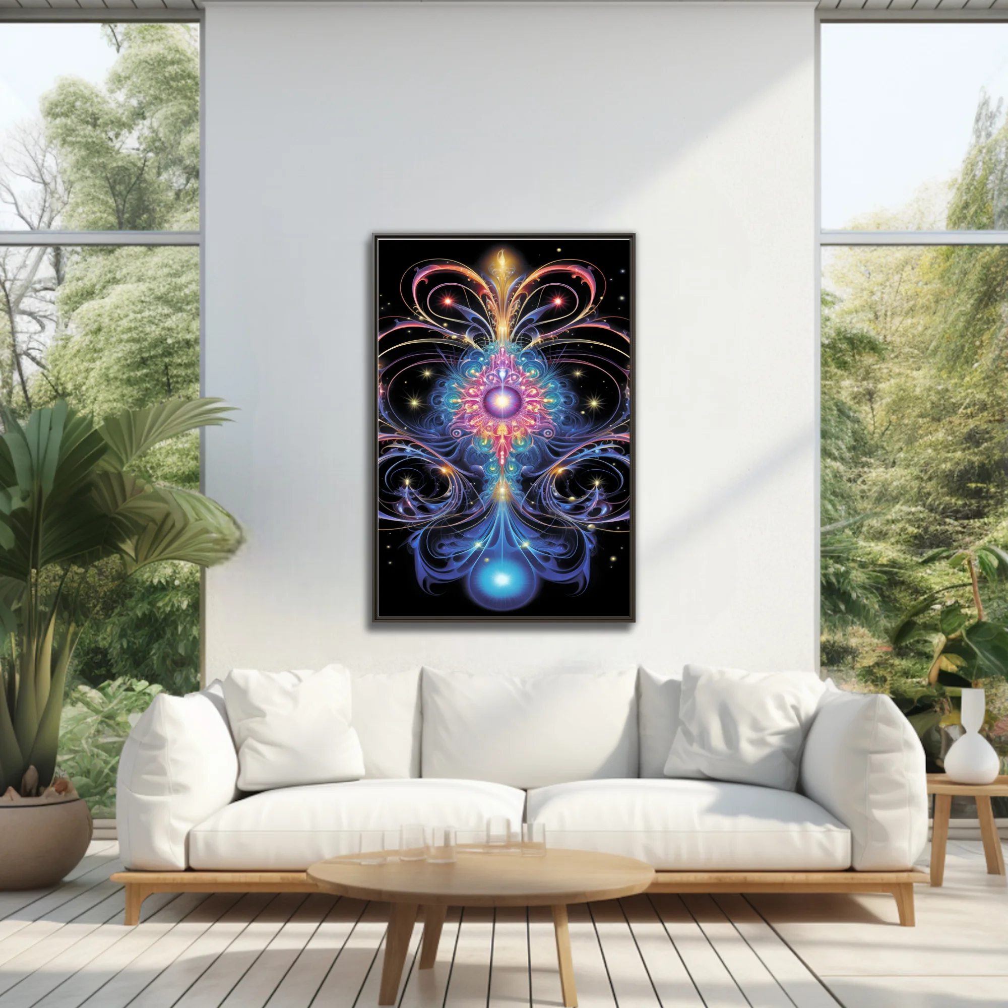 Psychedelic fractal art with jewel-toned symmetrical patterns on black background