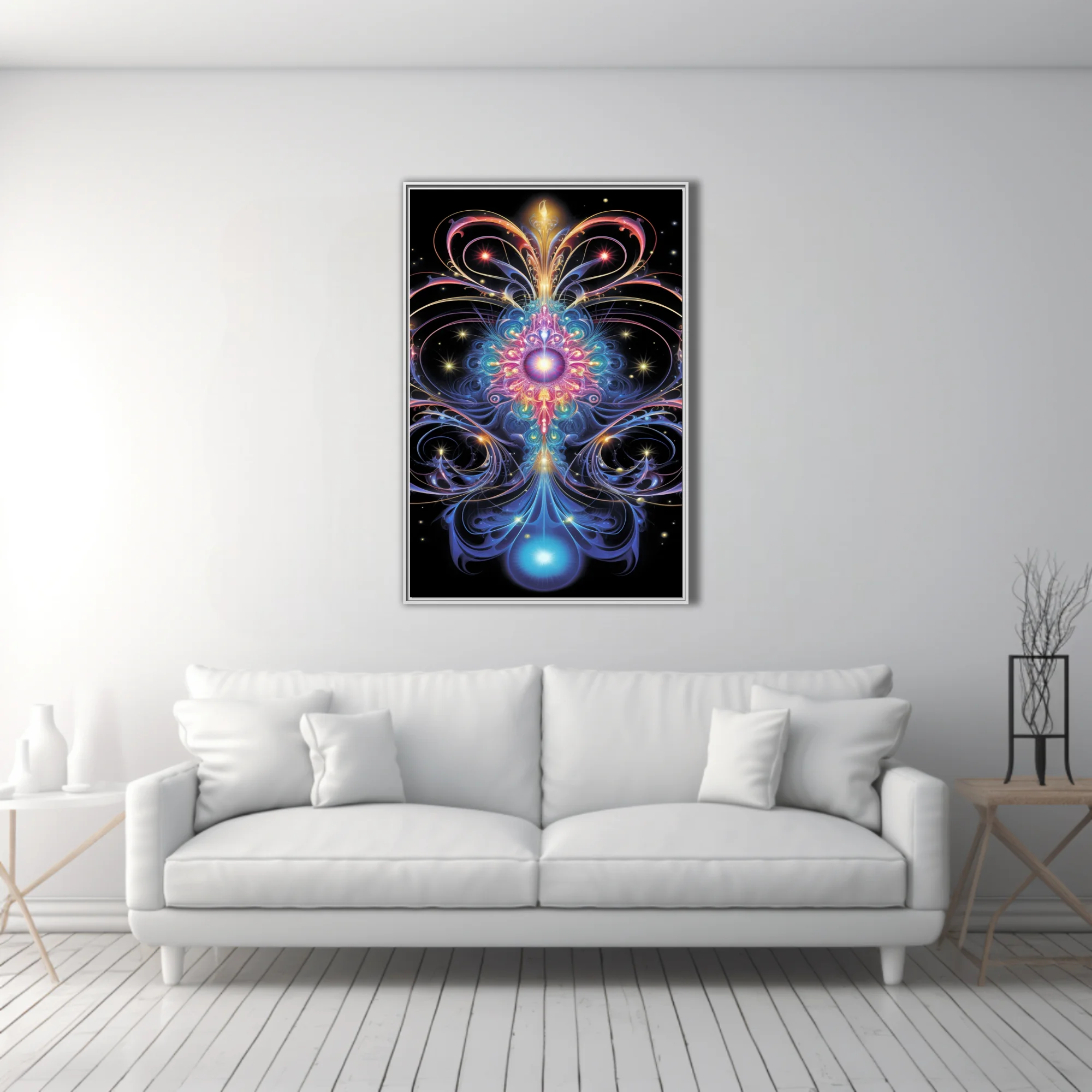 Psychedelic fractal art with jewel-toned symmetrical patterns on black background