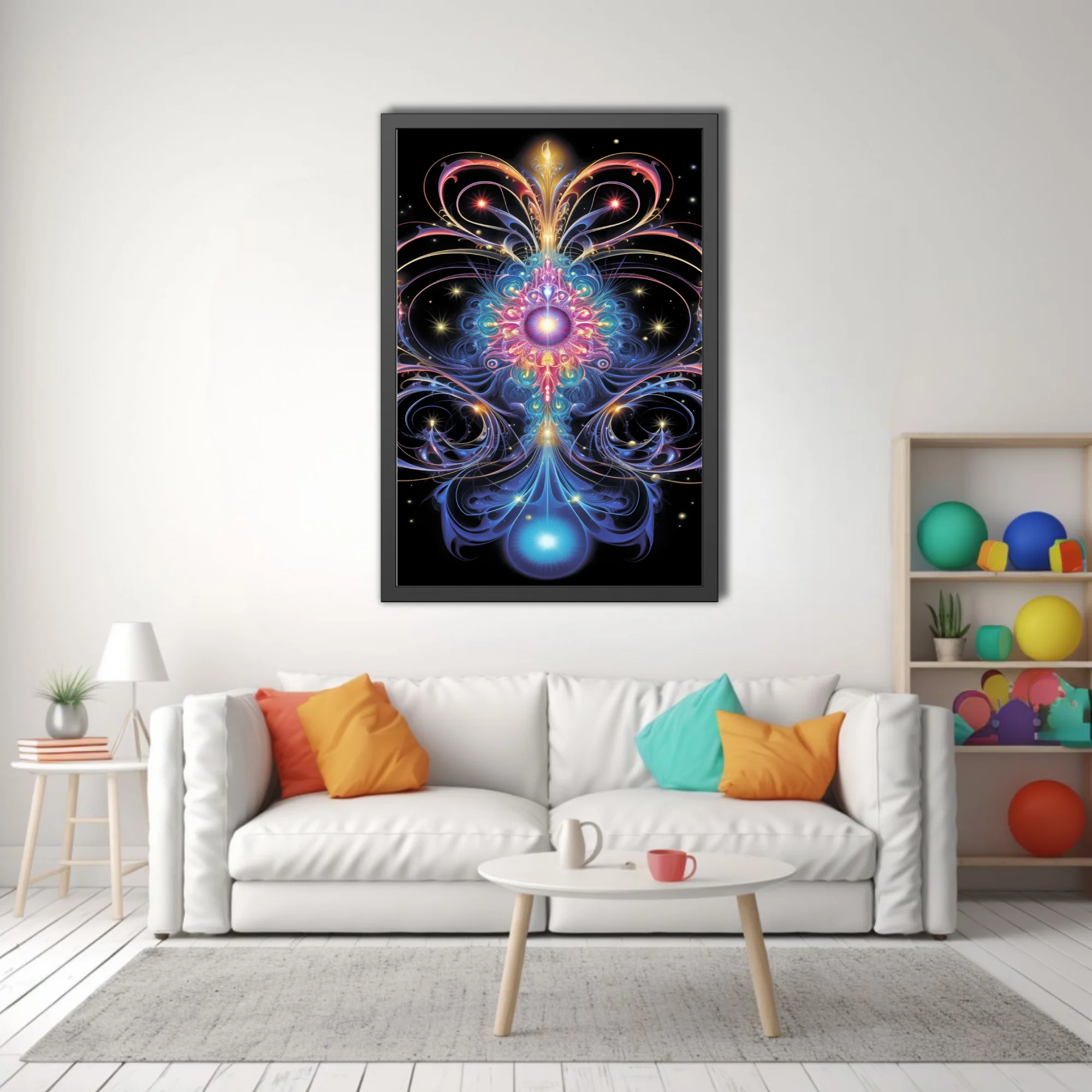 Psychedelic fractal art with jewel-toned symmetrical patterns on black background