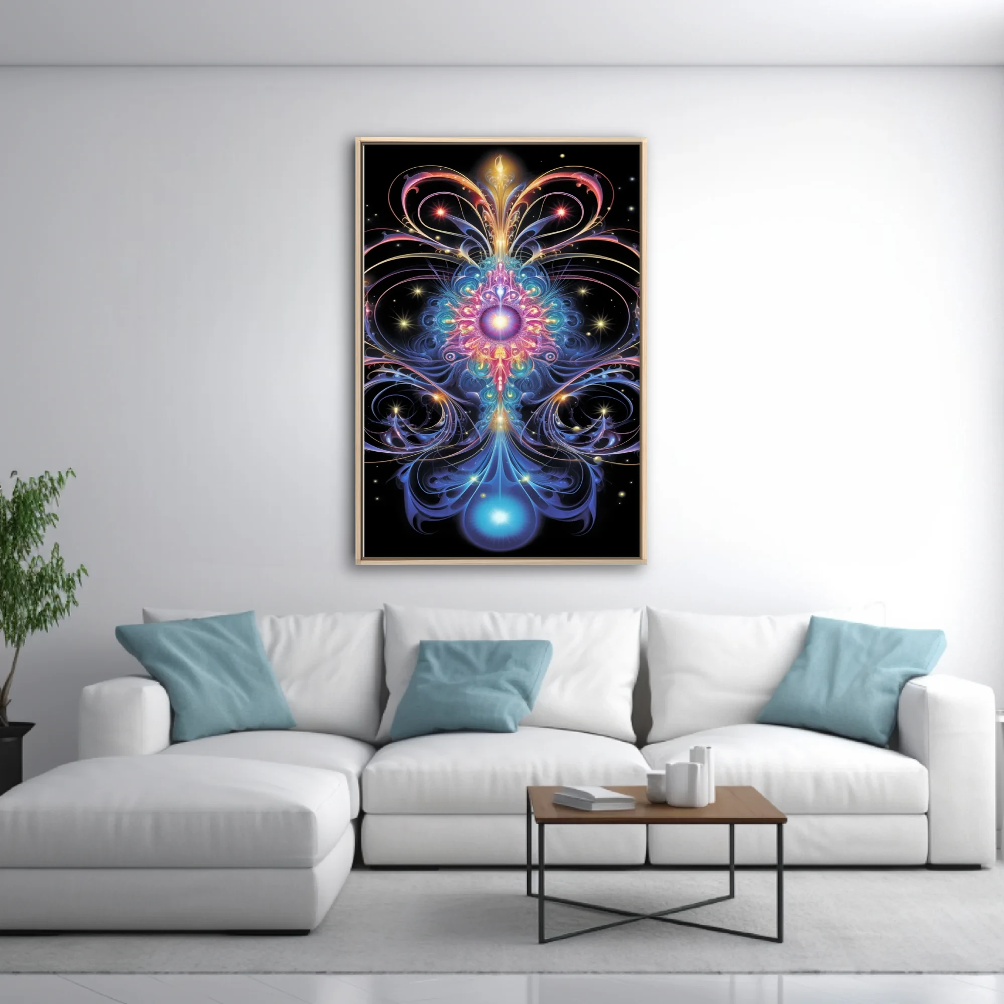 Psychedelic fractal art with jewel-toned symmetrical patterns on black background