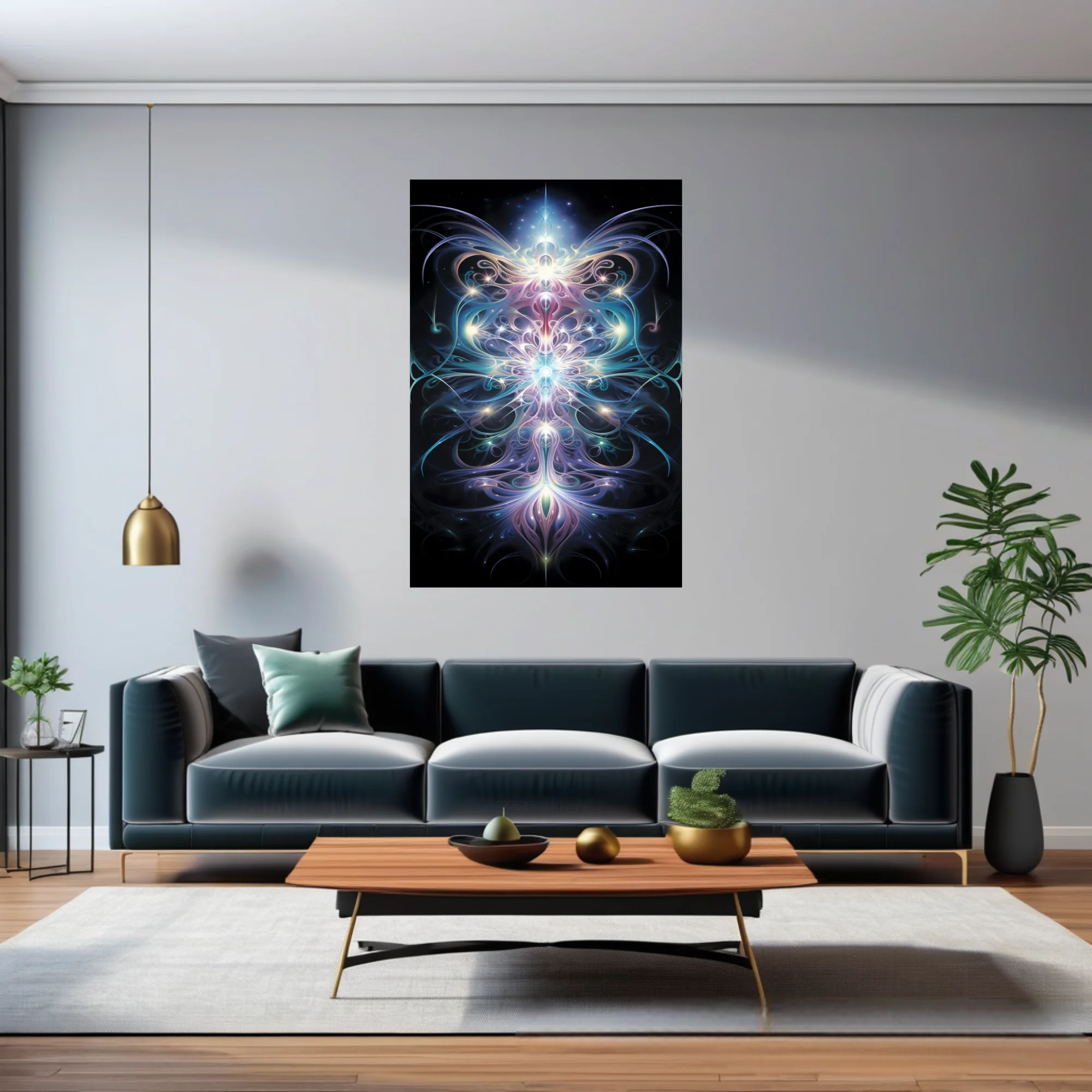 Fractal glowing symmetrical light art in iridescent blues purples and pinks on black
