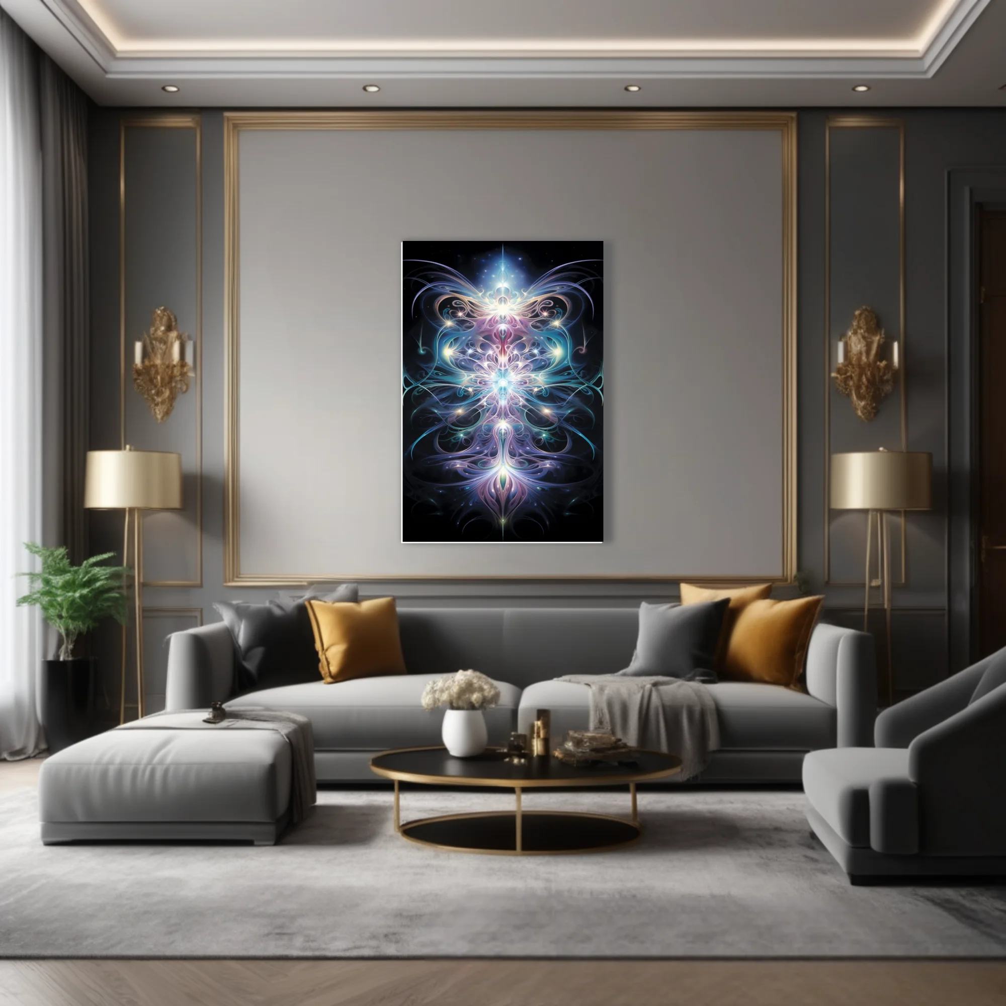 Fractal glowing symmetrical light art in iridescent blues purples and pinks on black