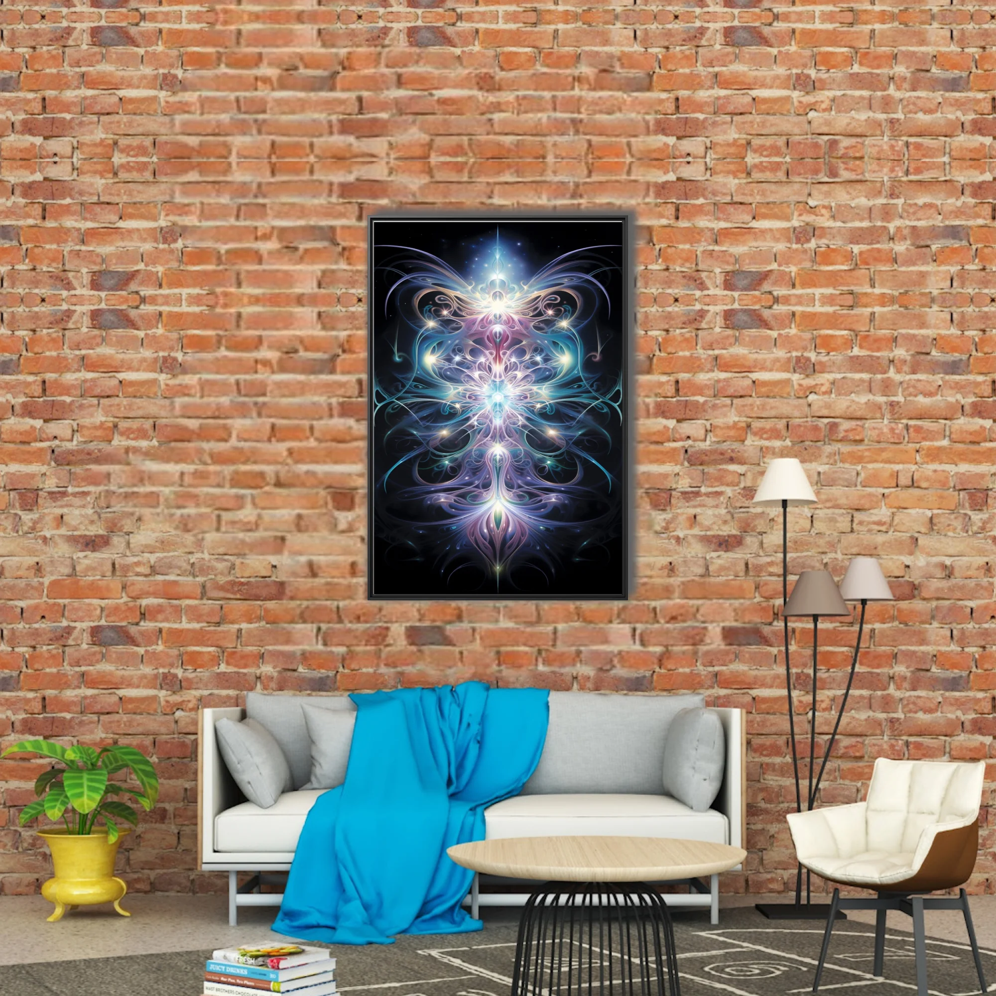 Fractal glowing symmetrical light art in iridescent blues purples and pinks on black