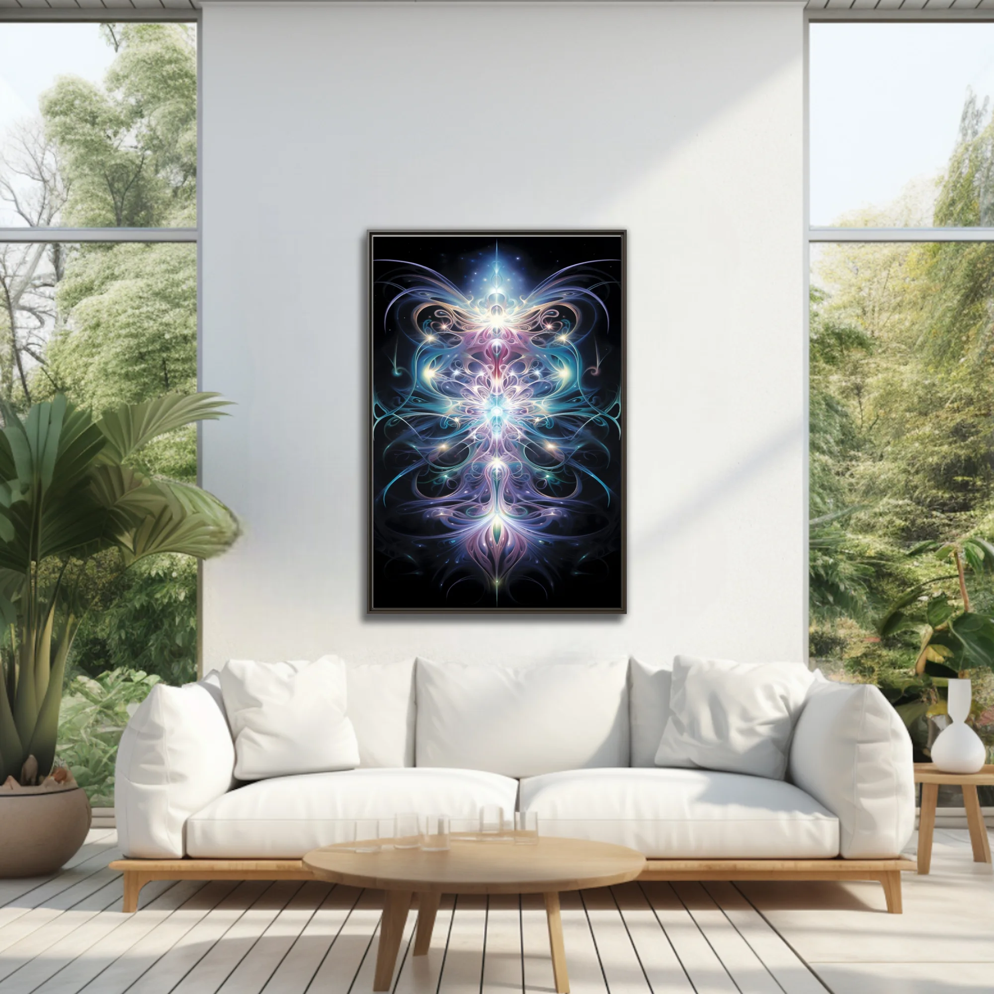 Fractal glowing symmetrical light art in iridescent blues purples and pinks on black