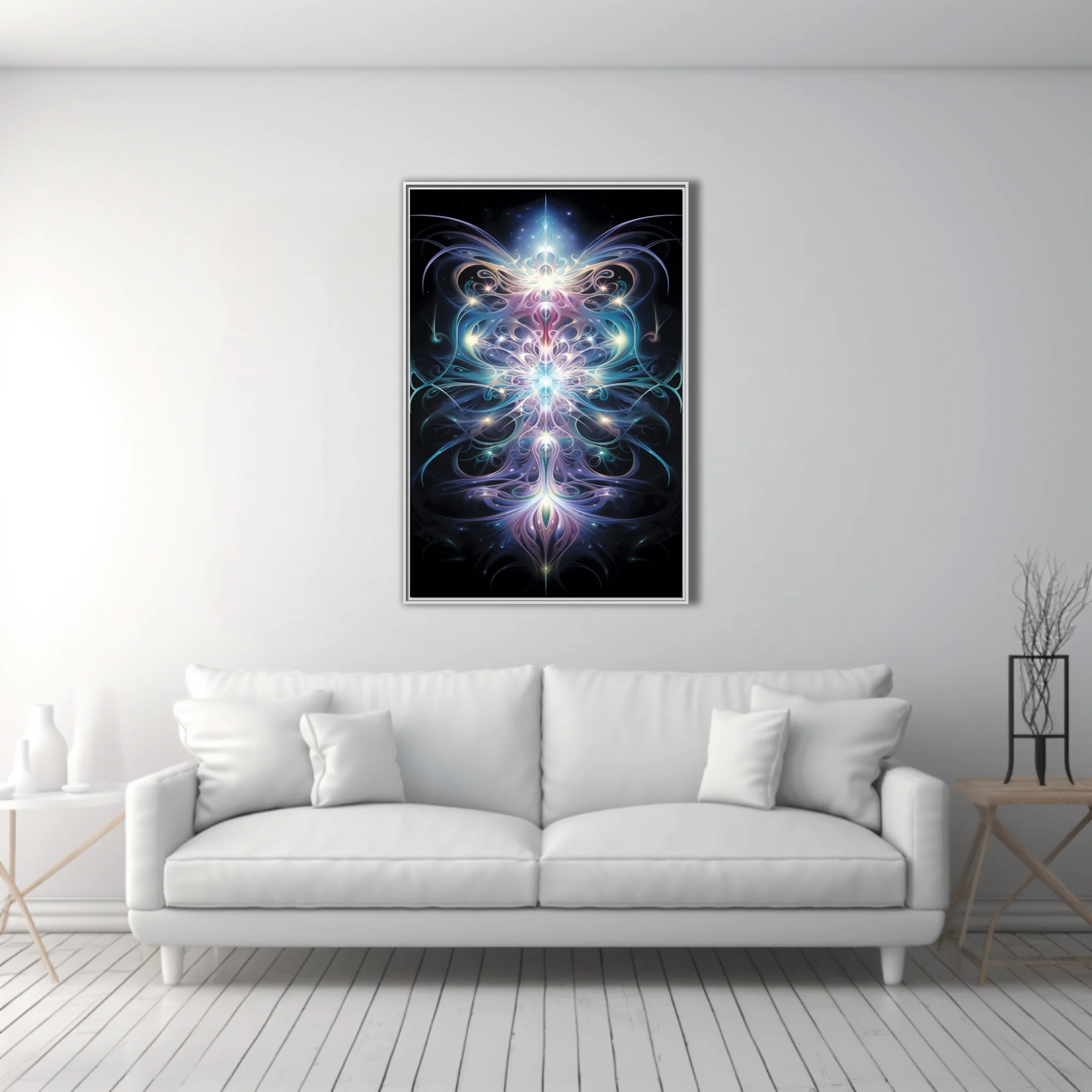 Fractal glowing symmetrical light art in iridescent blues purples and pinks on black