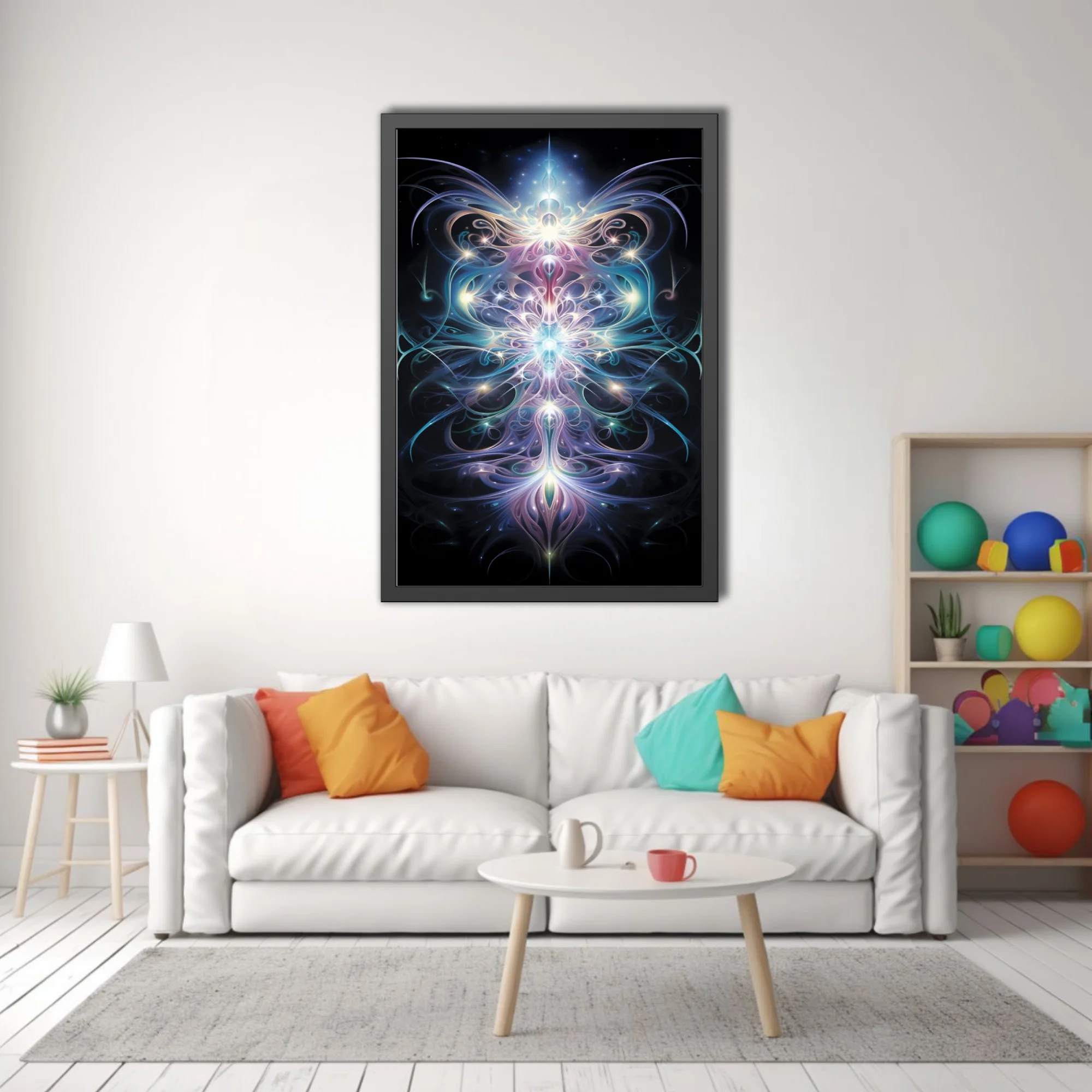 Fractal glowing symmetrical light art in iridescent blues purples and pinks on black