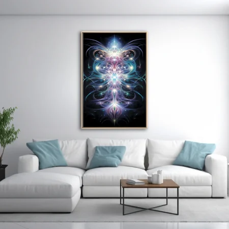Fractal glowing symmetrical light art in iridescent blues purples and pinks on black