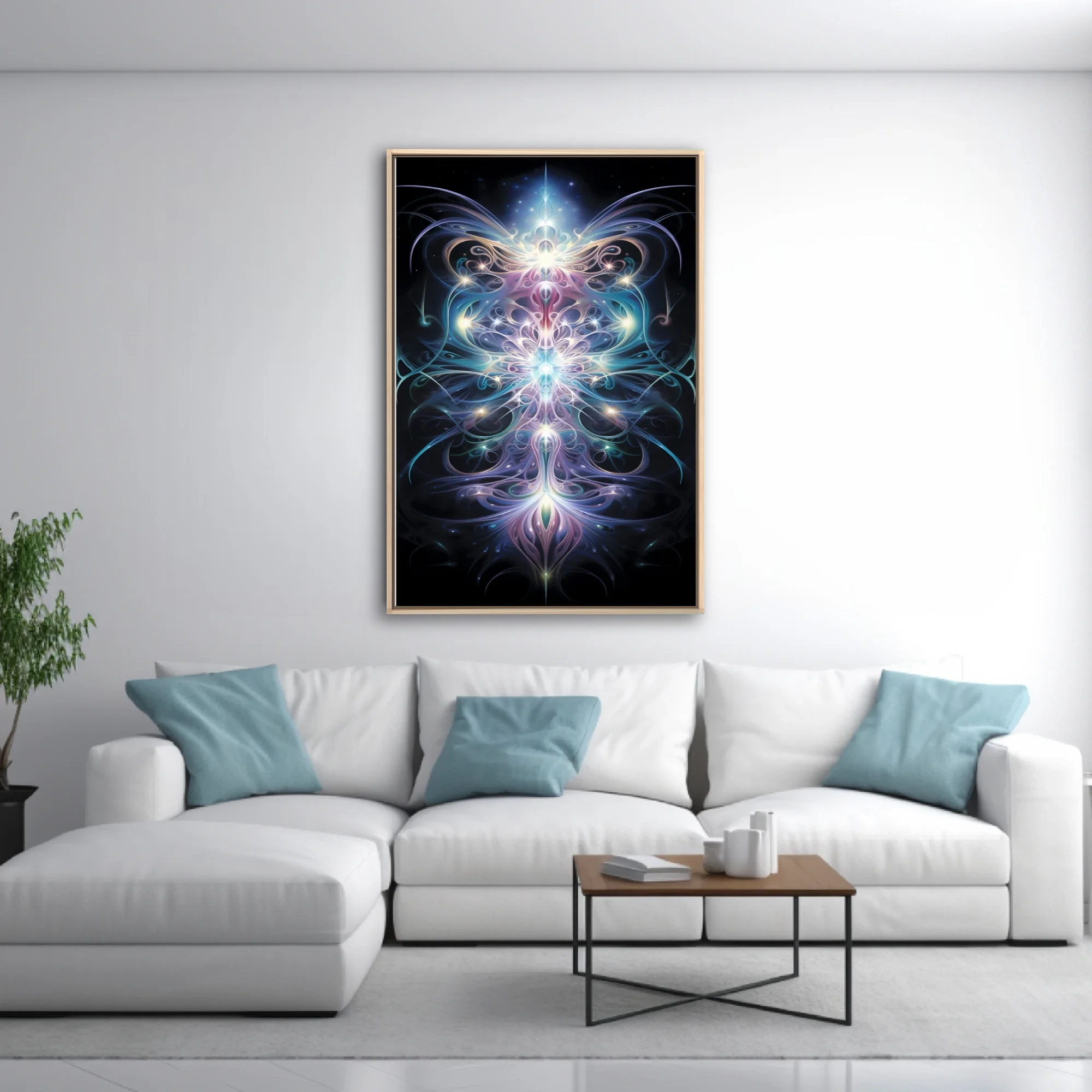 Fractal glowing symmetrical light art in iridescent blues purples and pinks on black