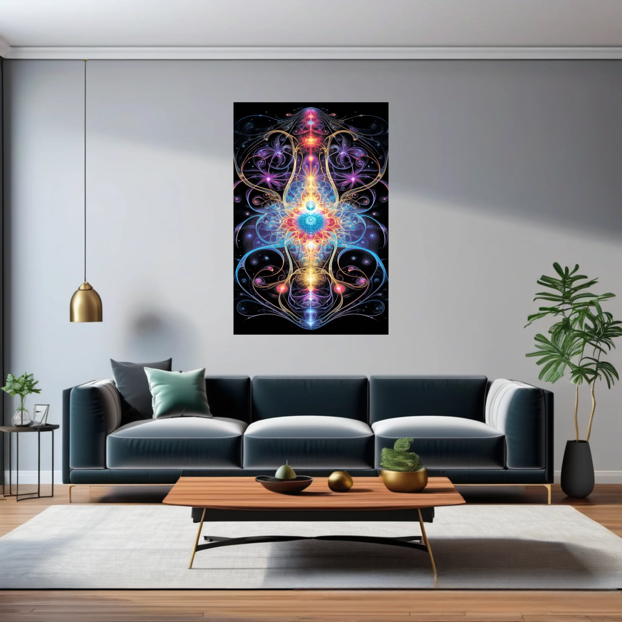 Psychedelic fractal symmetry art with neon cosmic energy in vivid jewel tones