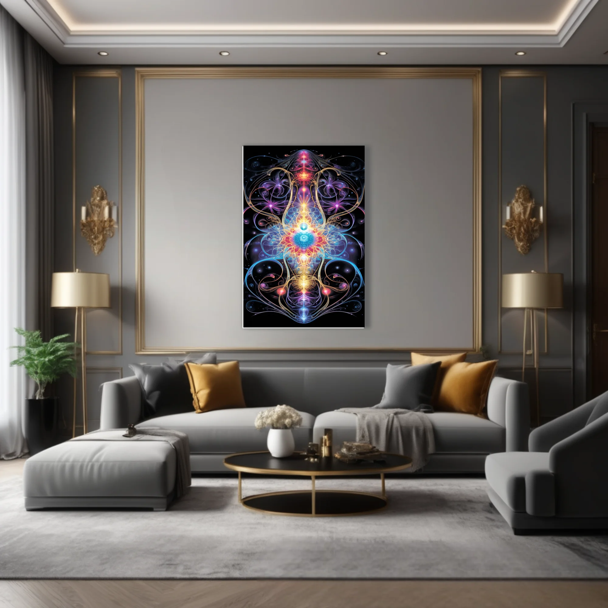 Psychedelic fractal symmetry art with neon cosmic energy in vivid jewel tones