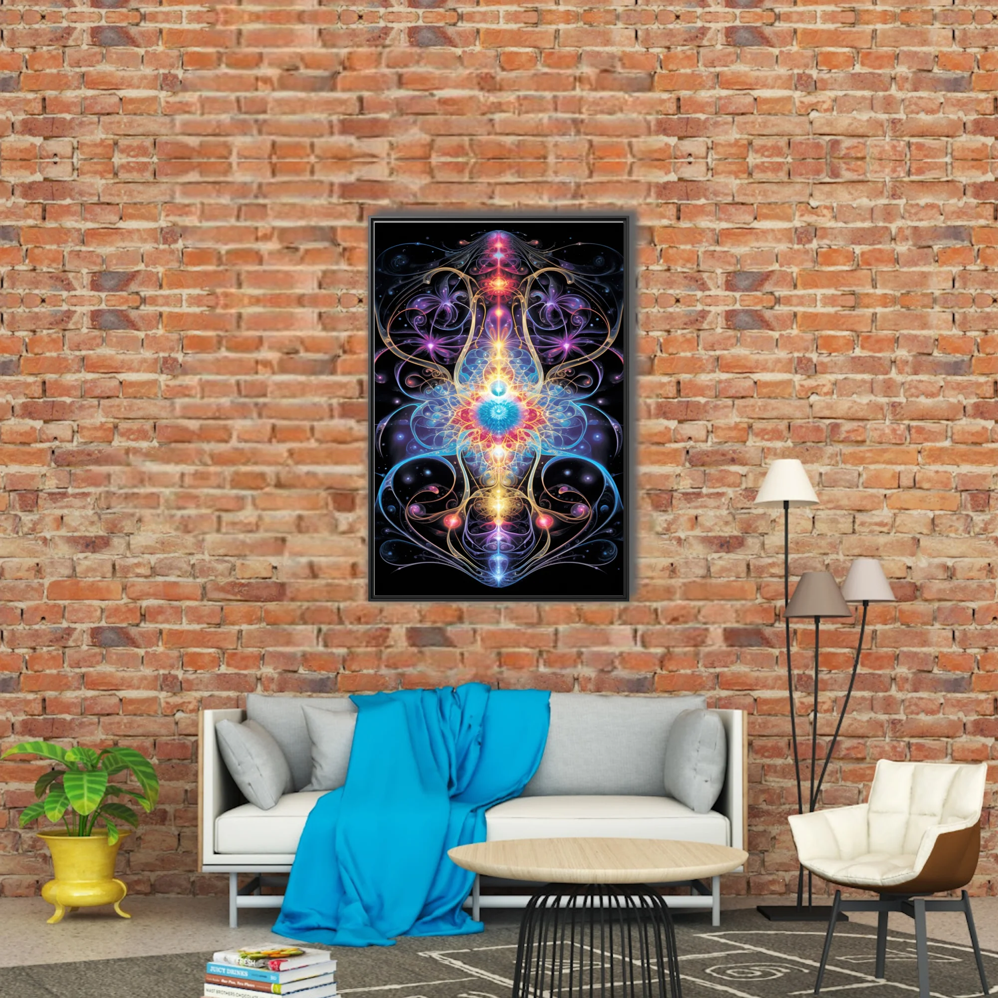 Psychedelic fractal symmetry art with neon cosmic energy in vivid jewel tones
