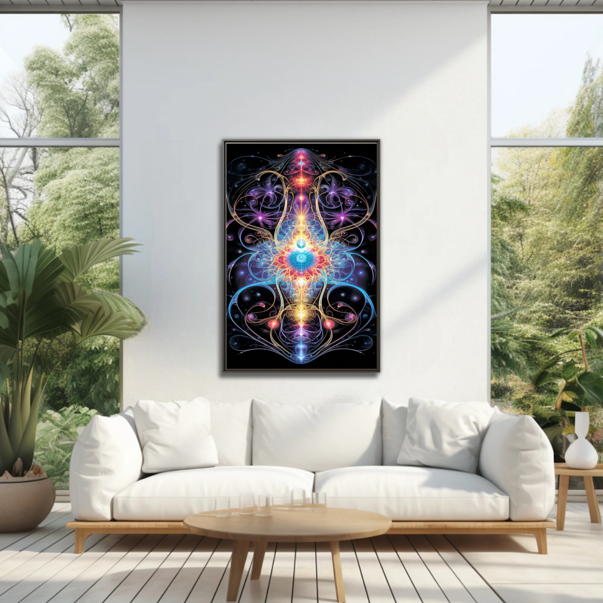 Psychedelic fractal symmetry art with neon cosmic energy in vivid jewel tones
