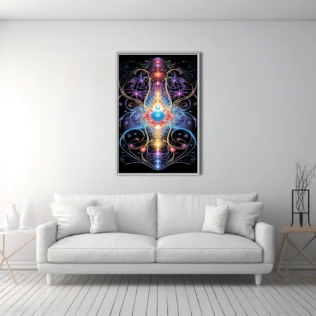 Psychedelic fractal symmetry art with neon cosmic energy in vivid jewel tones