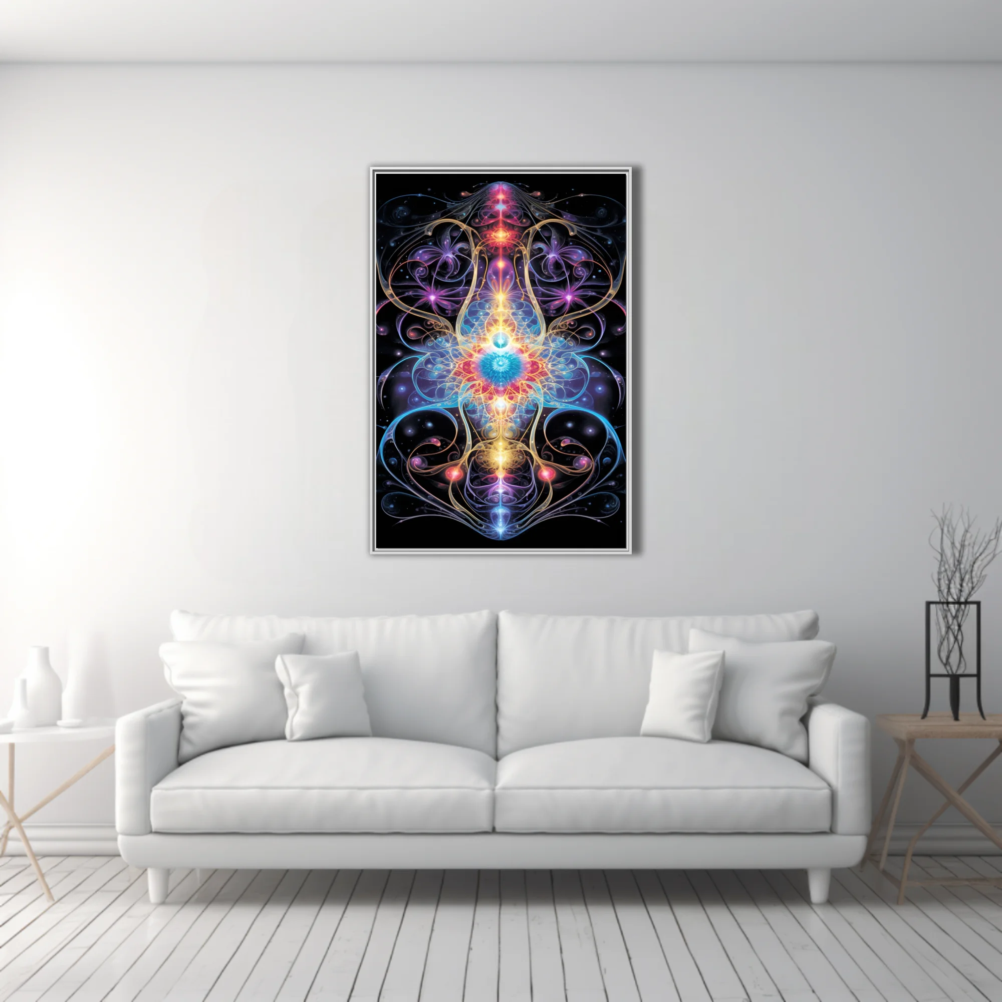 Psychedelic fractal symmetry art with neon cosmic energy in vivid jewel tones