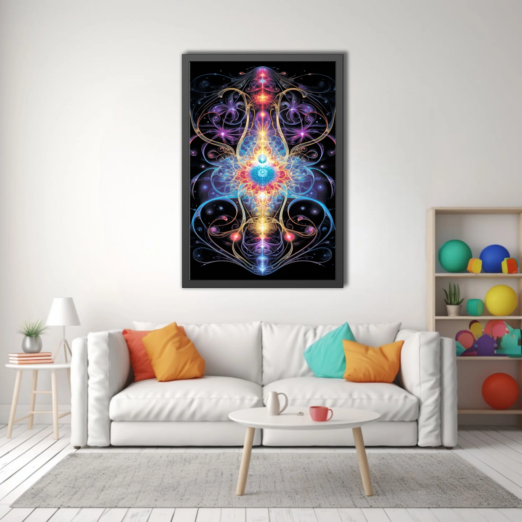 Psychedelic fractal symmetry art with neon cosmic energy in vivid jewel tones