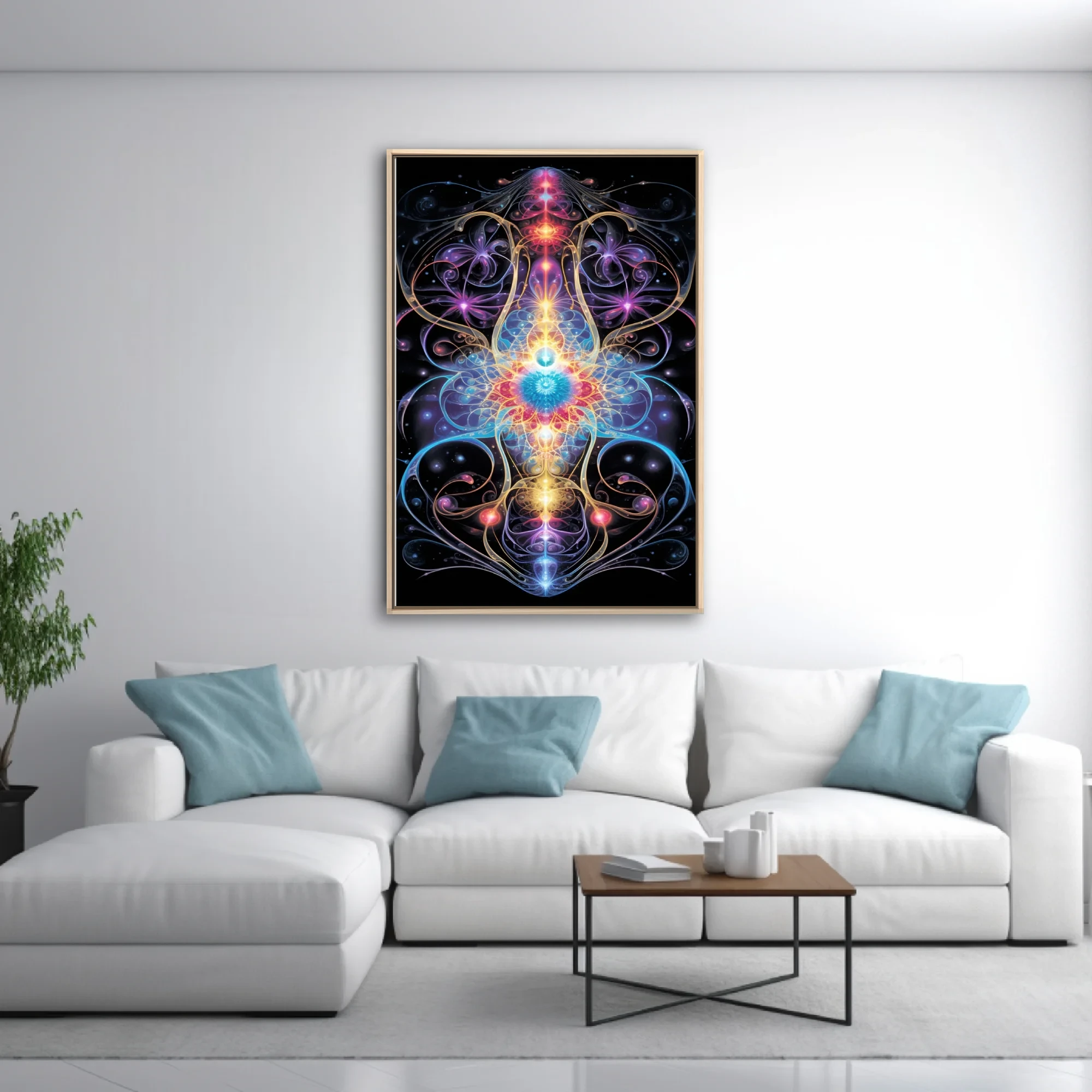 Psychedelic fractal symmetry art with neon cosmic energy in vivid jewel tones