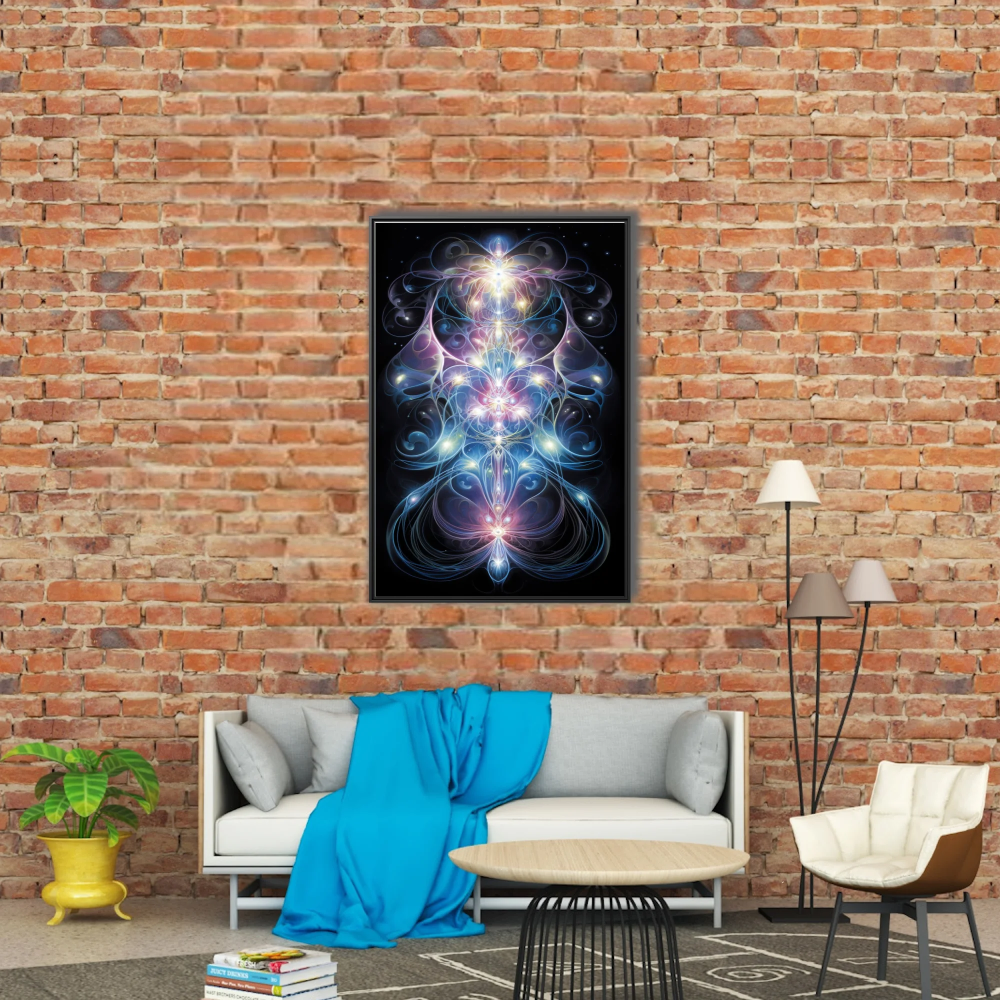Visionary fractal art with glowing energy lines in blue pink and white on black
