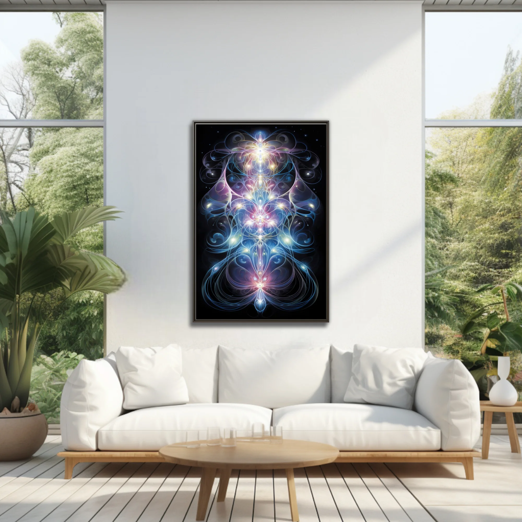 Visionary fractal art with glowing energy lines in blue pink and white on black