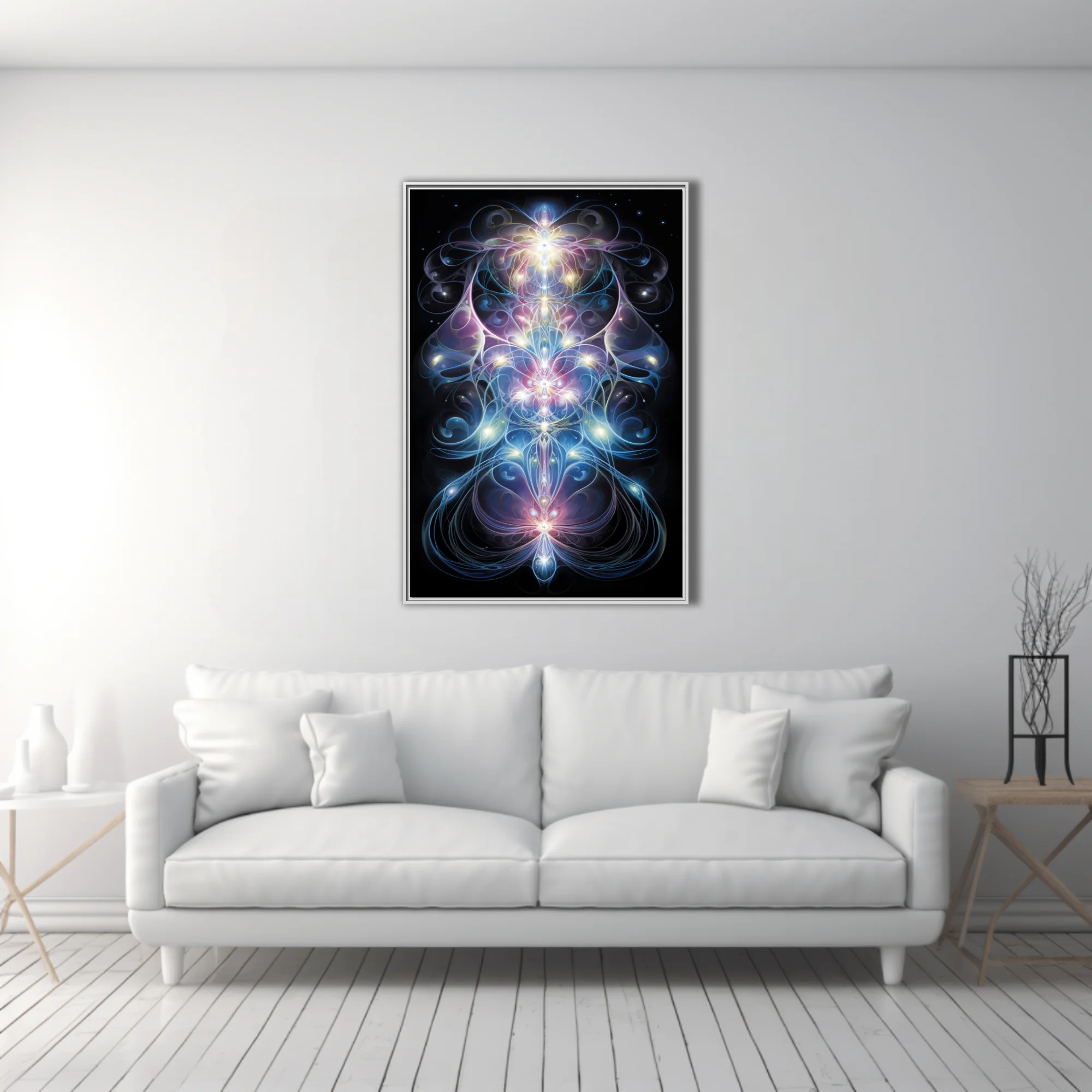 Visionary fractal art with glowing energy lines in blue pink and white on black