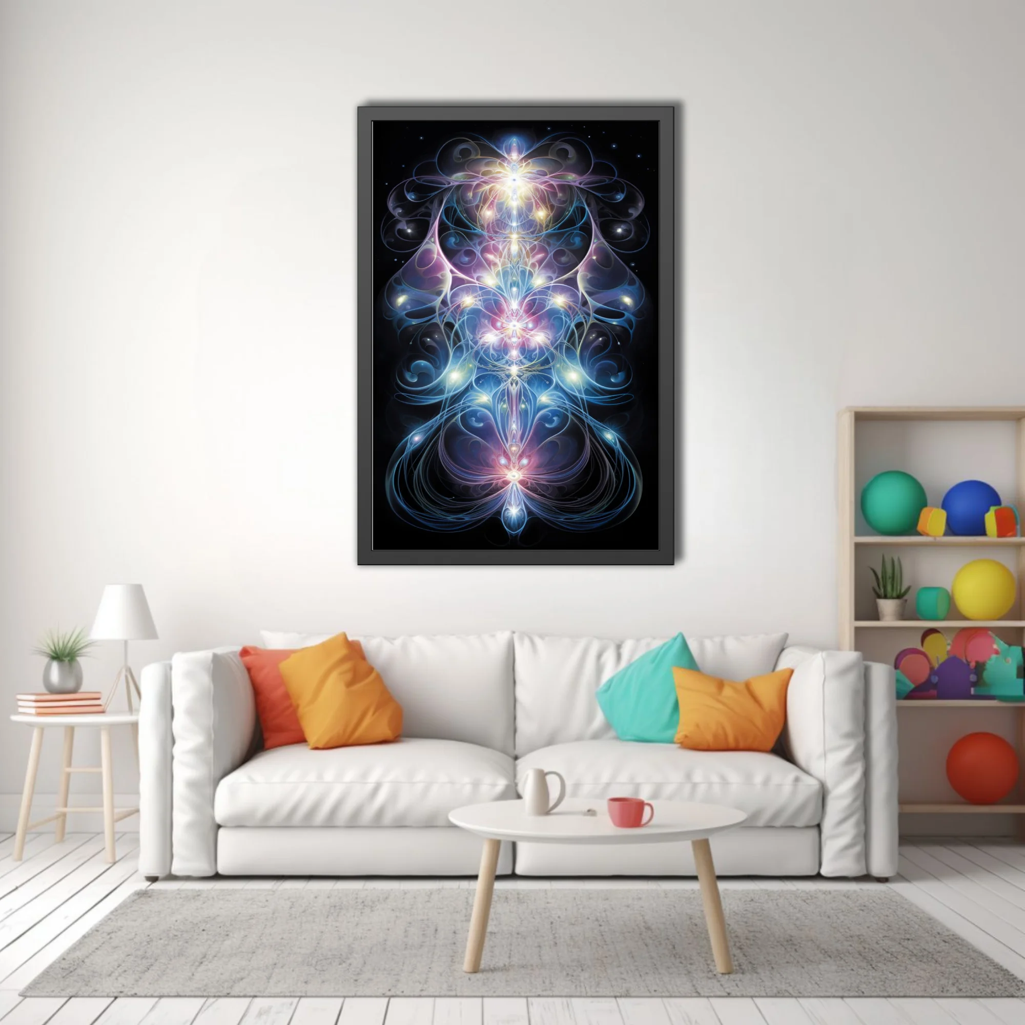 Visionary fractal art with glowing energy lines in blue pink and white on black