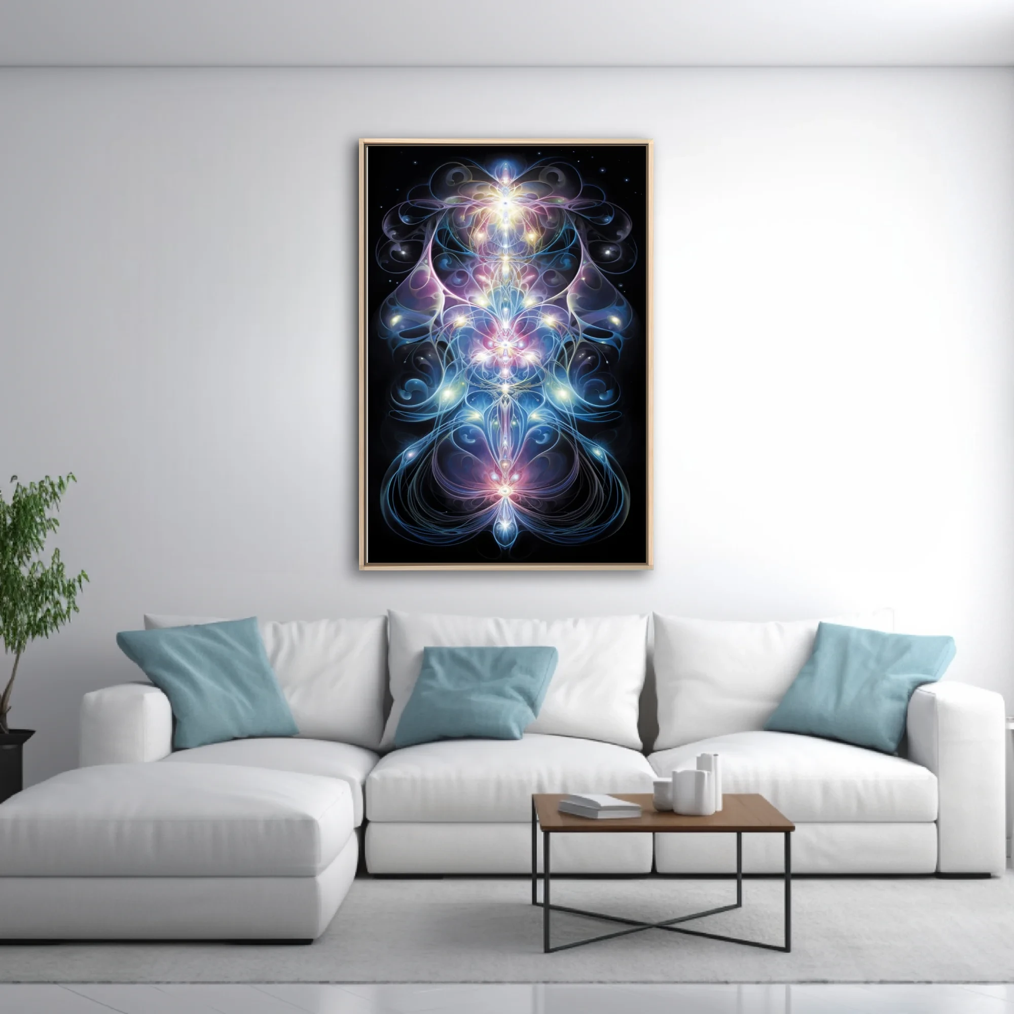 Visionary fractal art with glowing energy lines in blue pink and white on black